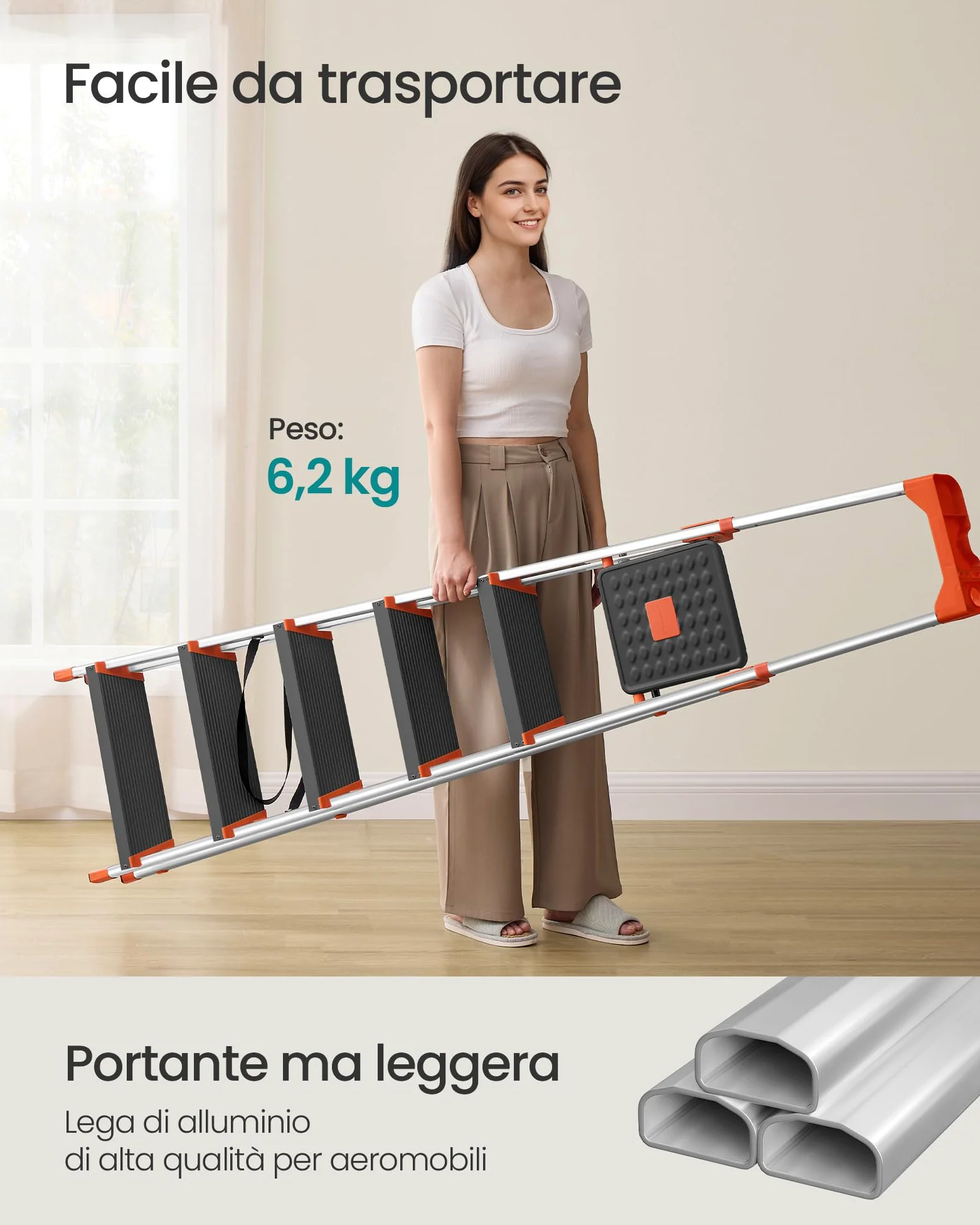 SONGMICS Scaletta a 6 Gradini, Scala Pieghevole in Lega di Alluminio, Gradini Larghi 12 cm, con Portautensili e Piedini Antiscivolo, Max. Portata Statica 150 kg, Nero e Arancione GLT06BK