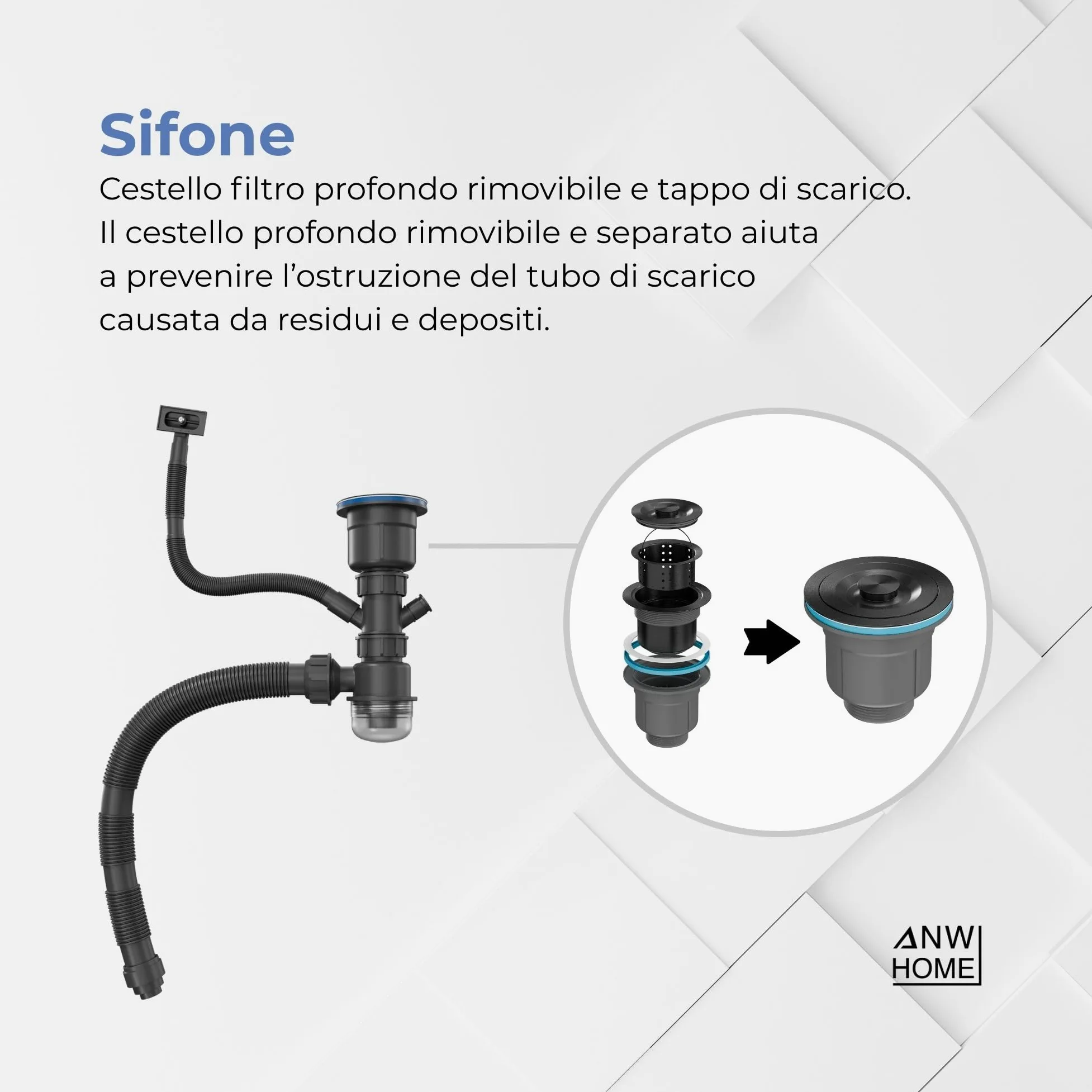 ANW HOME Lavello Cucina 1 Vasca Lavandino Cucina Acciaio Inox 304, Lavello da Incasso o Sottotop 37x45 cm Grafite PVD, Rivestimento Nano, Spessore 3,0+1 mm, Profondità 22 cm, con Sifone