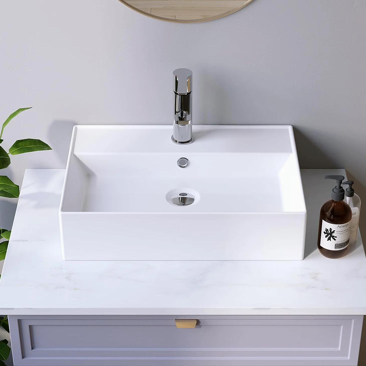 Lavabi in ceramica angolare 50 x 35 cm, lavabo a incasso per mobile da bagno, lavabo per bagno degli ospiti, sospeso, lavabo a parete, bianco, con foro per rubinetto, troppopieno, viti di fissaggio