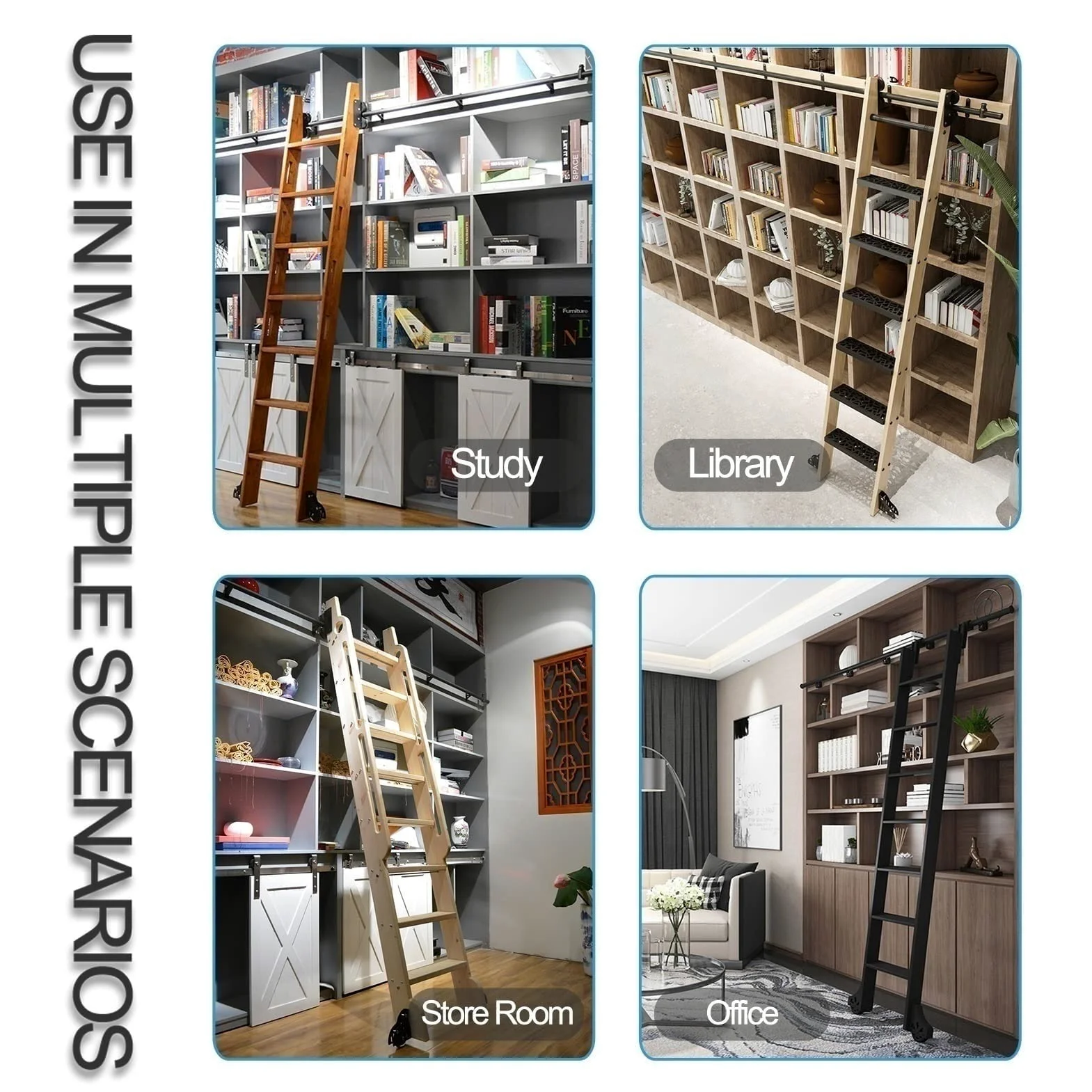 Libreria Scorrevole Nero - Kit Hardware per Scala e Porta Scorrevole, con Ruote