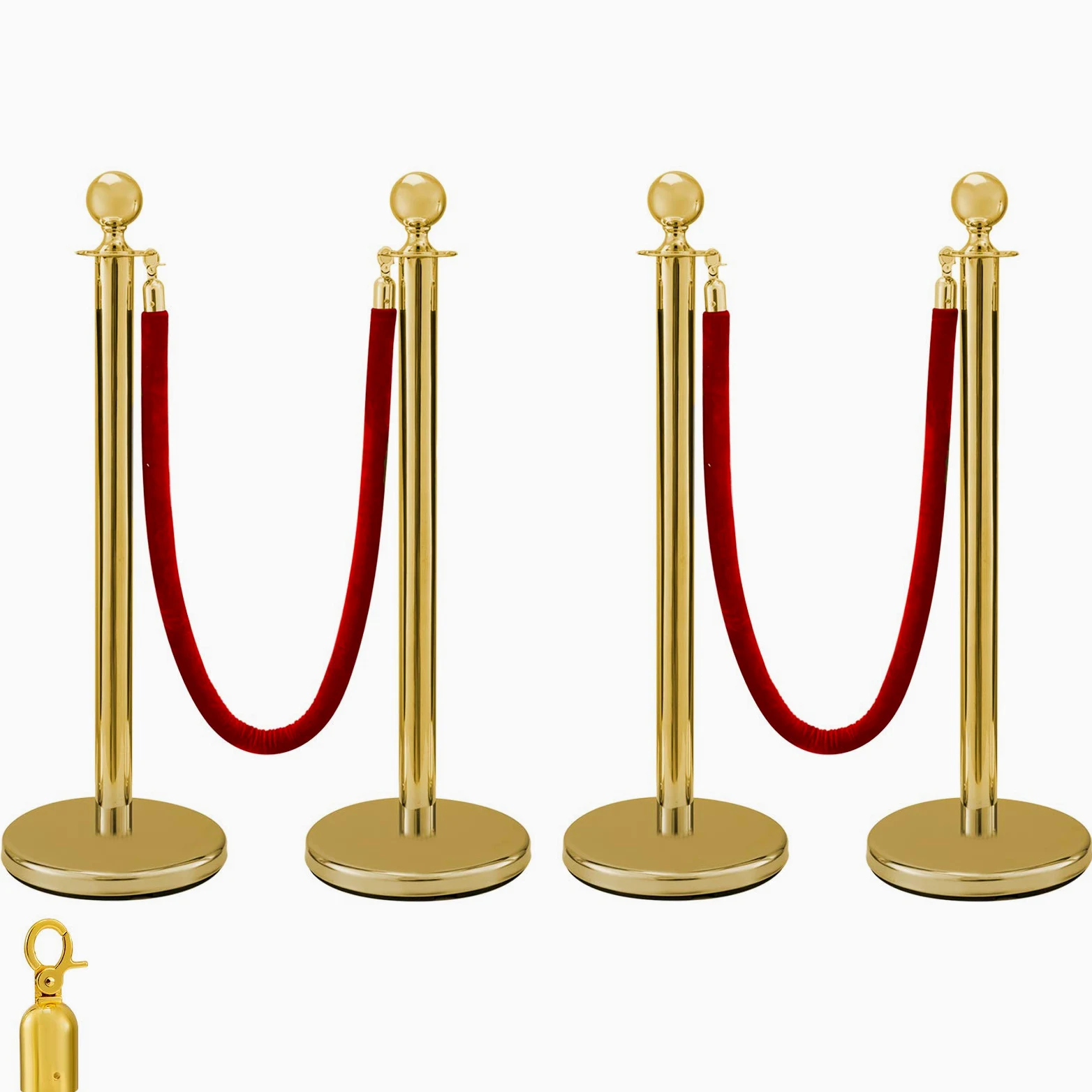 Transenne Eliminacode Paletti Delimitazione in Acciaio Inox 2 Corde di Velluto Rosso Confezione da 4 Paletti d'Oro