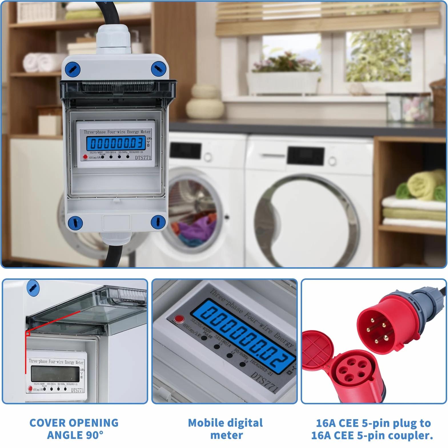 Trifase Mobile Digital Electricity Meter 32A 380V Mobile Meter CEE Plug 3 Fase Mobile Digital Meter 5 * 2.5mm² con Reset 2m cavo IP44 Socket Adapter Meter (H07RN-F HR-03X)