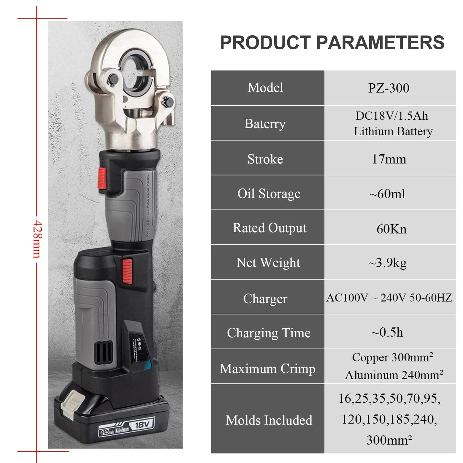 Pinze a crimpare idrauliche elettriche ricaricabile con display digitale OLED Crimpatrice per capicorda per cavi idraulici da 16-300 mm²