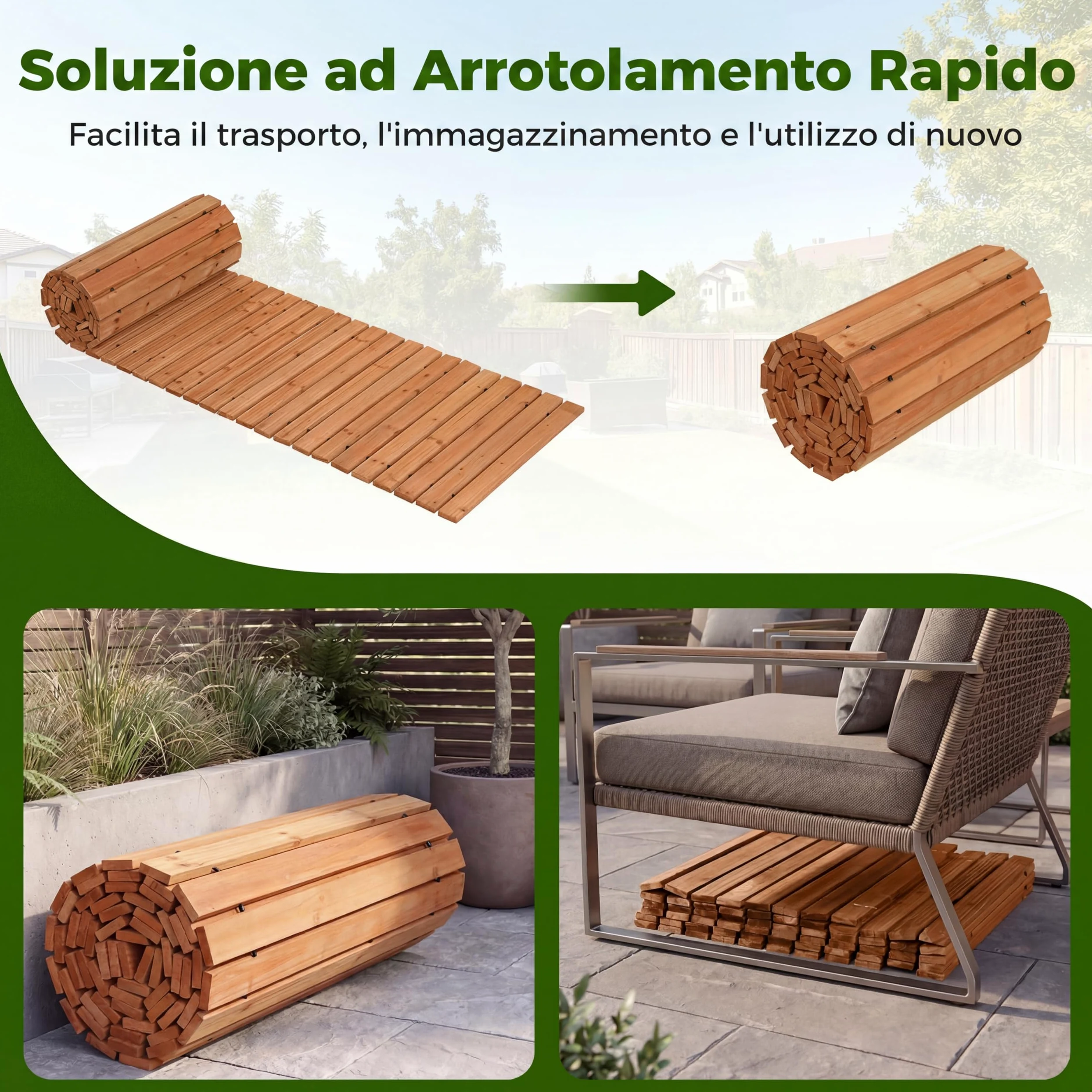 COSTWAY Sentiero da Giardino in Legno, Passerella Decorativa da Esterno, Superficie Antiscivolo, Collegamento con Fili Metallici, Sentiero Arrotolabile per Cortile e Spiaggia, 367 x 55 cm (Naturale)