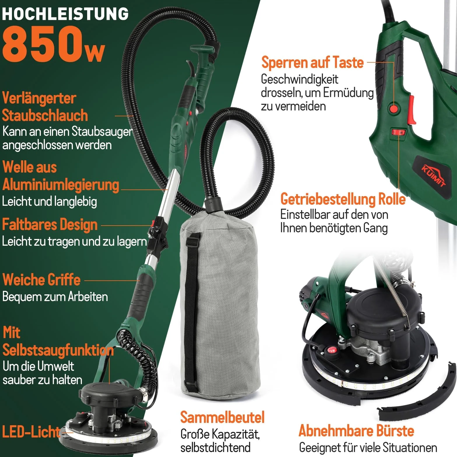 Levigatrice per Cartongesso, 850W Levigatrice per Muro Elettrica con 12 Dischi Abrasivi, 6 Velocità Variabile 800-1750 RPM, con Impugnatura Estensibile, luce LED, Tubo per la Polvere Lungo