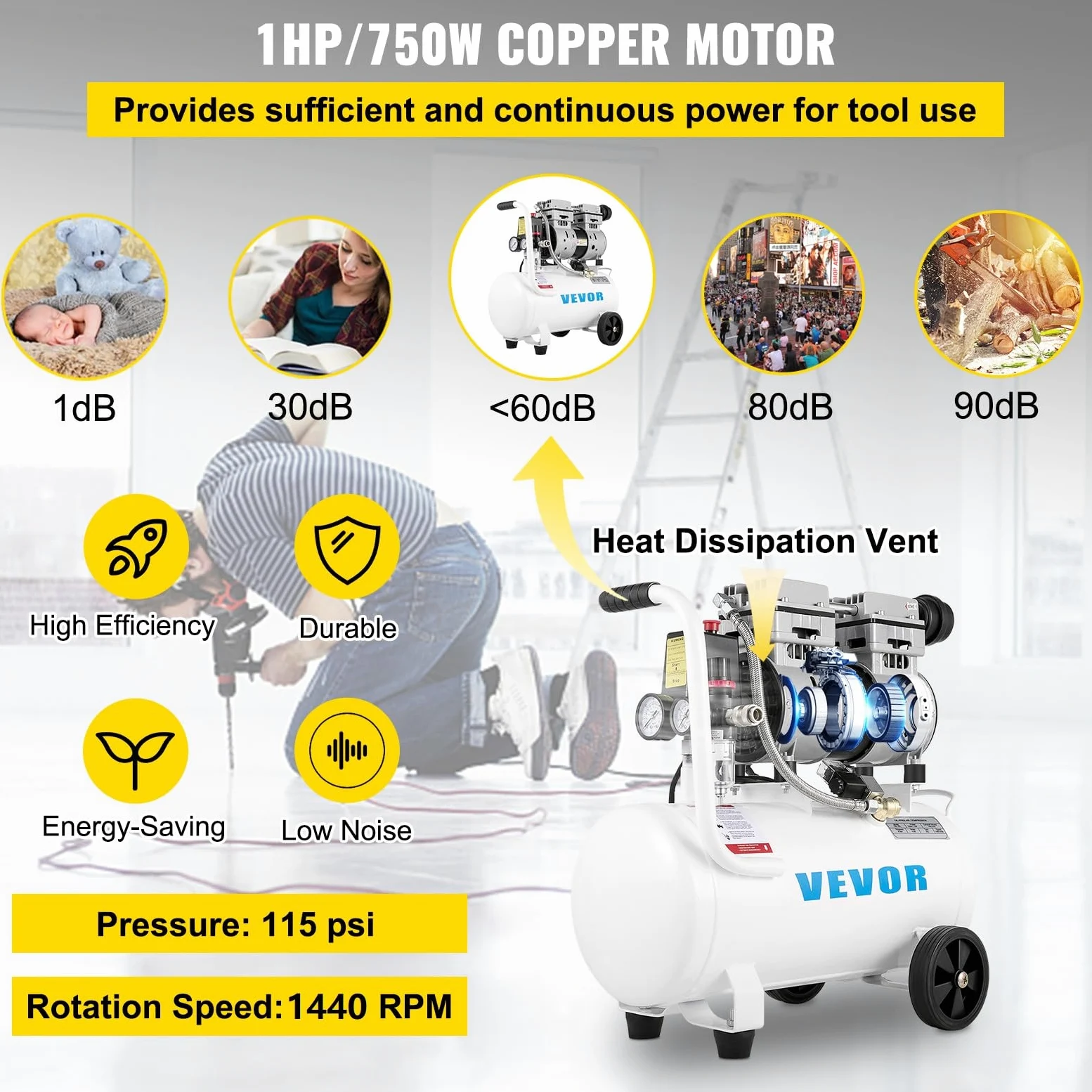 VEVOR Compressore Silenzioso 750W, Oil-free 25 L, Pressione 8 Bar, 220V, Compressore d'Aria Portatile, Rumorosità: 68 dB, per Esigenze di Gonfiaggio