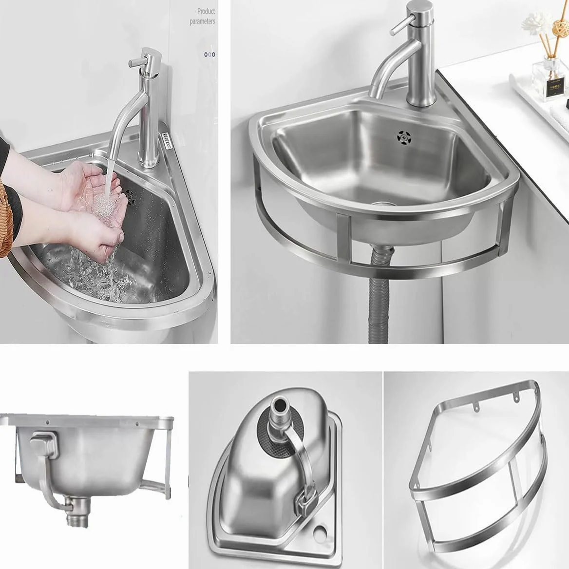 Lavello angolare da parete per bagno, 455x390 mm Lavabo da cucina Vasca Singola con Troppopieno Lavabo In Acciaio Inossidabile Lavamani per Ristorante