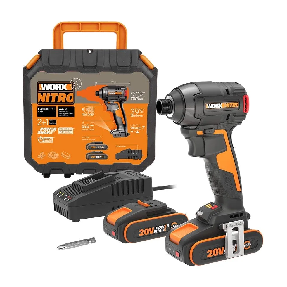 WORX NITRO WX265 Avvitatore a percussione a batteria 20 V, potente motore brushless, 3 livelli di velocità e 2 modalità, coppia di 200 Nm, leggero e compatto