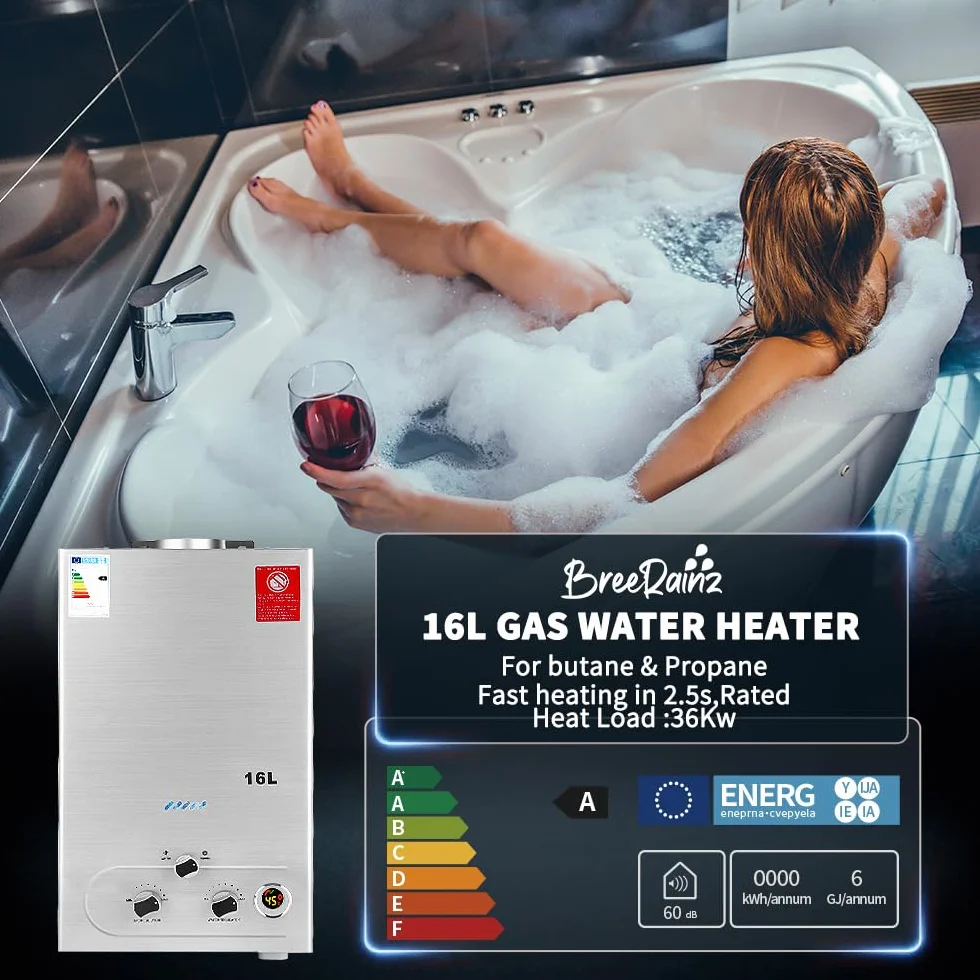 Scaldabagno a Gas 16LPM, Scaldabagno Gas GPL 32KW, Funziona a Bassa Pressione dell'Acqua con Propano e Butano, Adatto per Case Camper Cabine Esterno