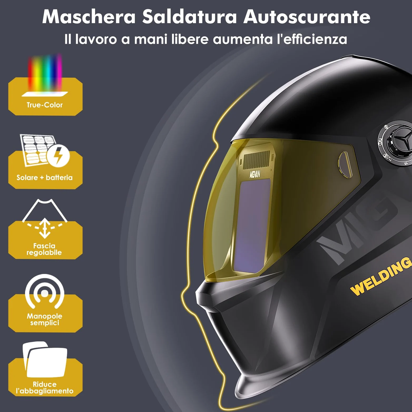 Maschera Saldatura Autoscurante 0,1 ms di oscuramento automatico ultra rapido, True-Color, 100×82 mm, solare batteria, DIN 4/5-9/9-13, Casco Saldatura MIG TIG MMA ARC Smerigliatura H21