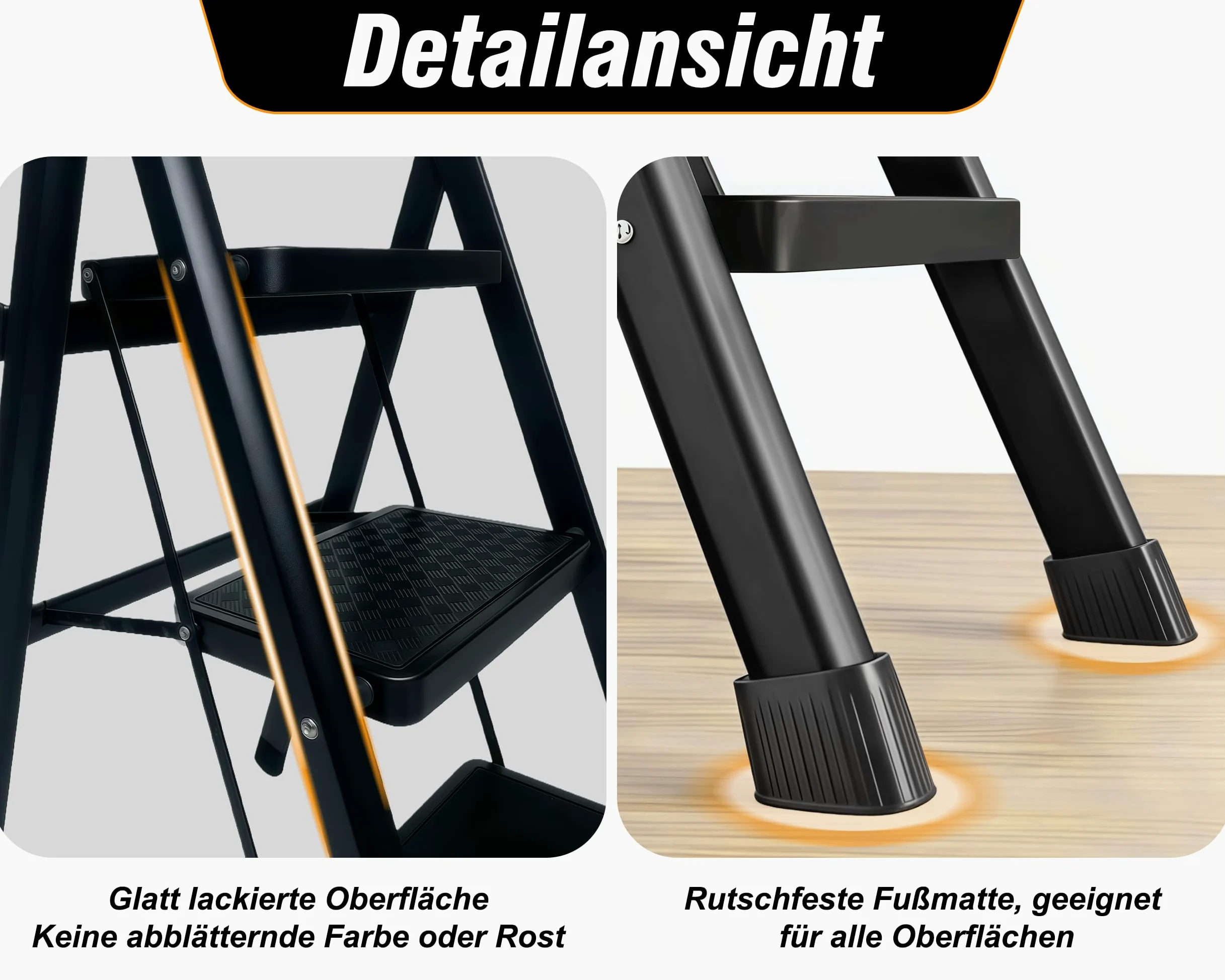Scala Scaletta 5 Gradini in Acciaio Al Carbonio,Scala 5 Gradini con di blocco di sicurezza,Scaletta Pieghevole Ampia pedana antiscivolo,per Scaletta Cucina Portata 150 kg,Bianco e NeroNero