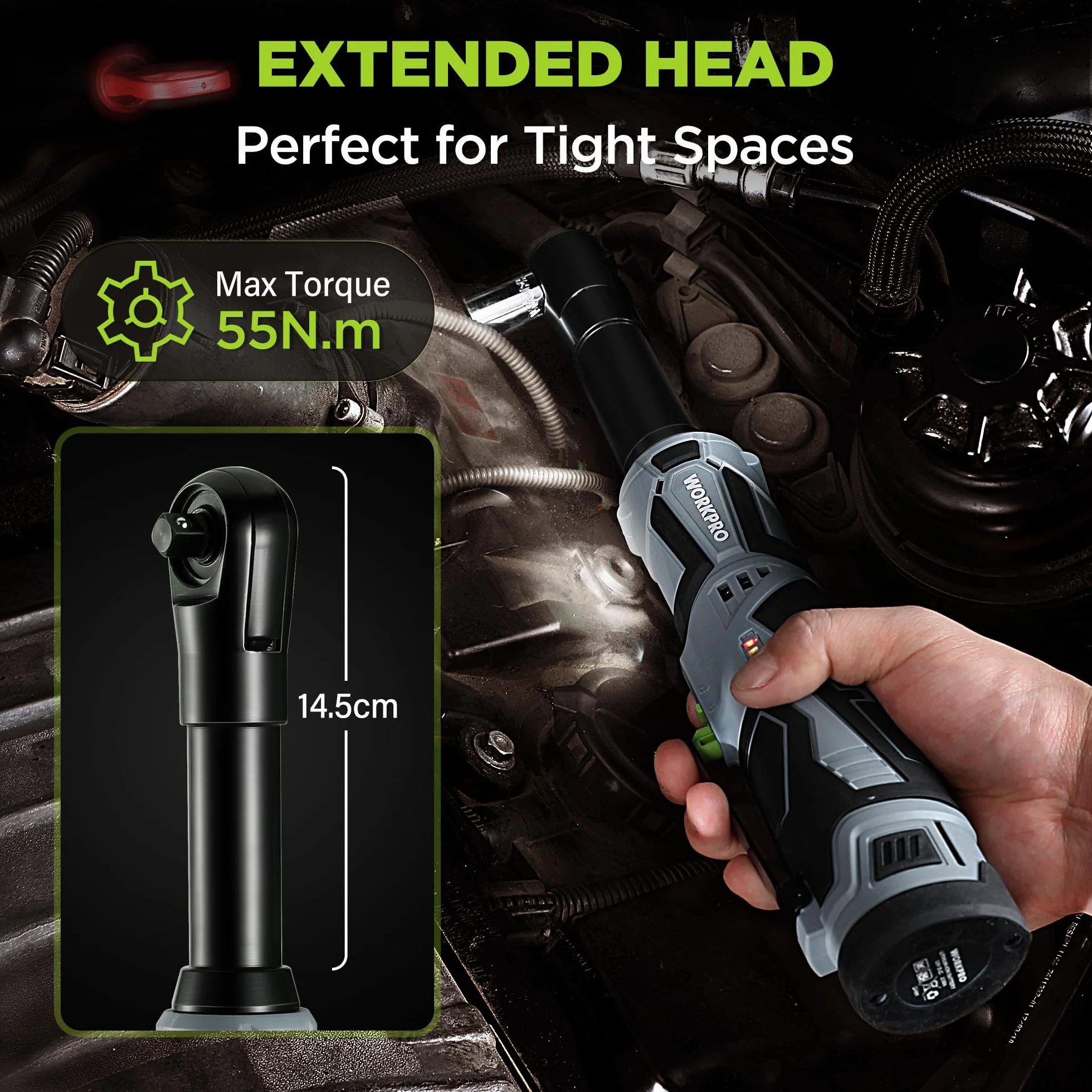 WORKPRO Chiave a Cricchetto Elettrica Senza Fili Set, Chiave a Cricchetto a Batteria 12V, 3/8", 55Nm Cricchetto a Batteria con 2 Batterie da 2,0 Ah, Luce LED, incl. 10 Prese, Custodia, Caricabatterie