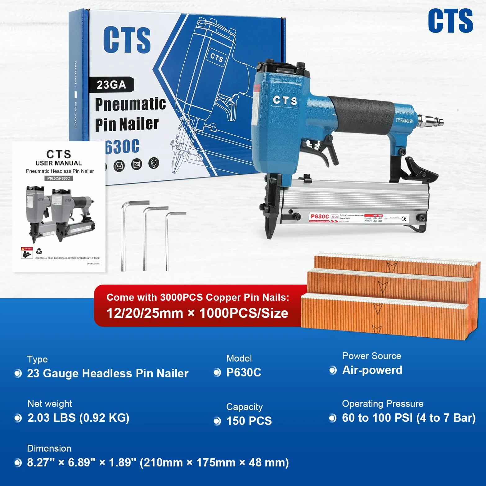P630C - Chiodatrice pneumatica con pin da 23 gauge, 3000 chiodi inclusi, pistola con pin senza testa e grilletto di sicurezza, adatta per chiodi da 12 a 30 mm, micro pin per armadi