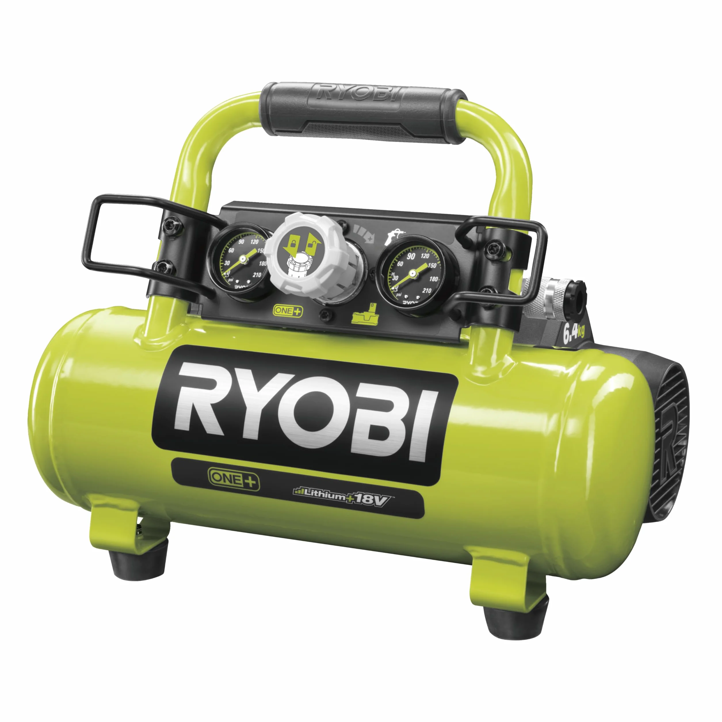 Ryobi R18AC-0 Compressore ad Aria 18V ONE+, Tanica 4L, Ideale per Gonfiare Pneumatici Auto e per l'Utilizzo di Chiodatrici e Graffatrici Pneumatiche, Senza Batteria