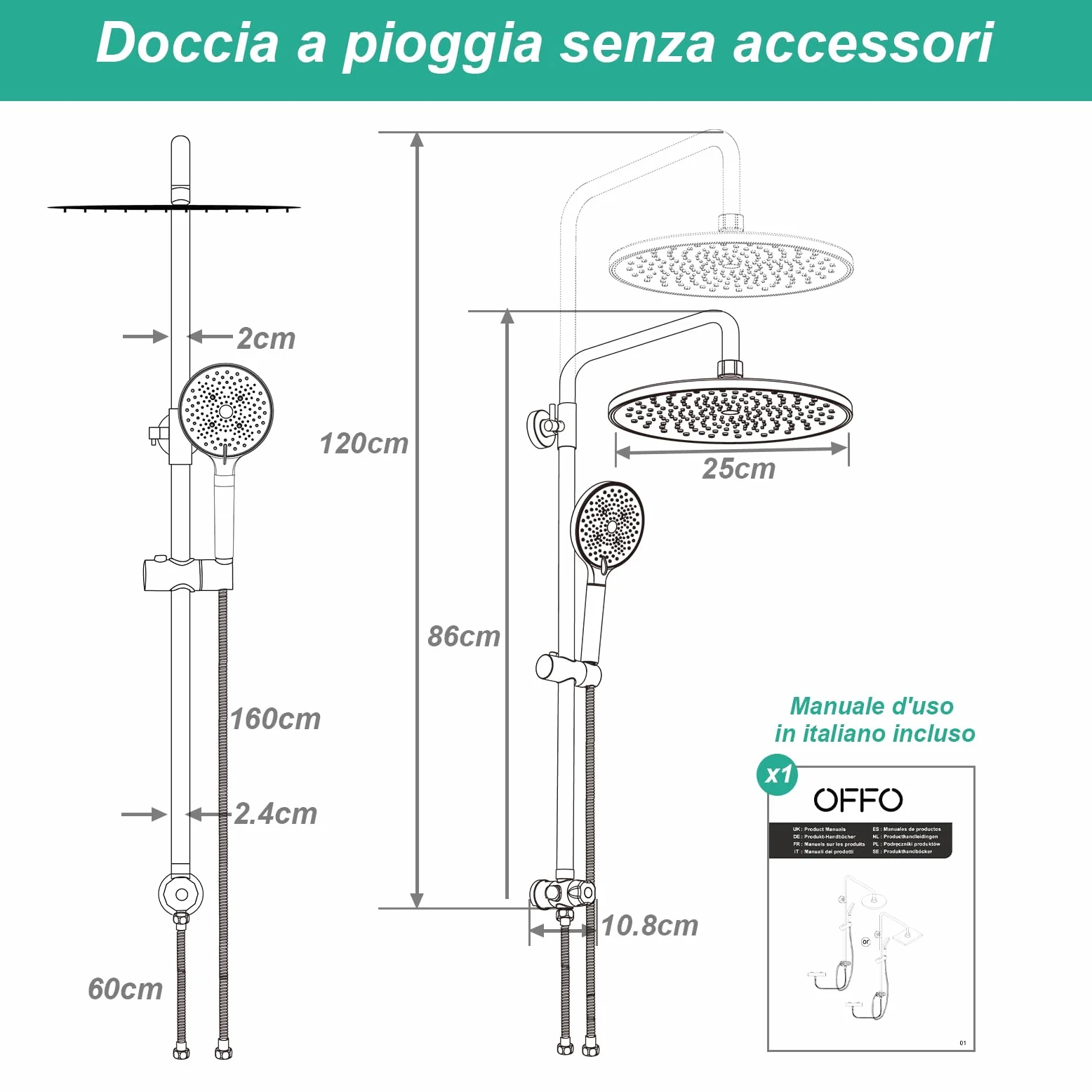 OFFO Colonna Doccia Senza Miscelatore, Asta Doccia Saliscendi con Soffione Rotonda 25x25cm e Doccetta 3 Getti, Asta Doccia Regolabile in Altezza 86-120cm, Tubo Acciaio Inox Antitorsione 1.6m, Cromo
