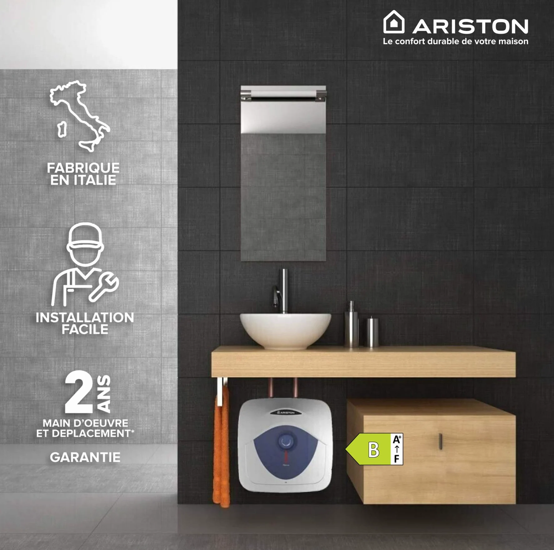 Ariston Blu Evo RS 10L - Scaldabagno Elettrico 10 Litri Compatto Sottolavandino, Potenza 2000W, Ideale Cucina o Bagno - Progettato e fabbricato per essere installato in Francia