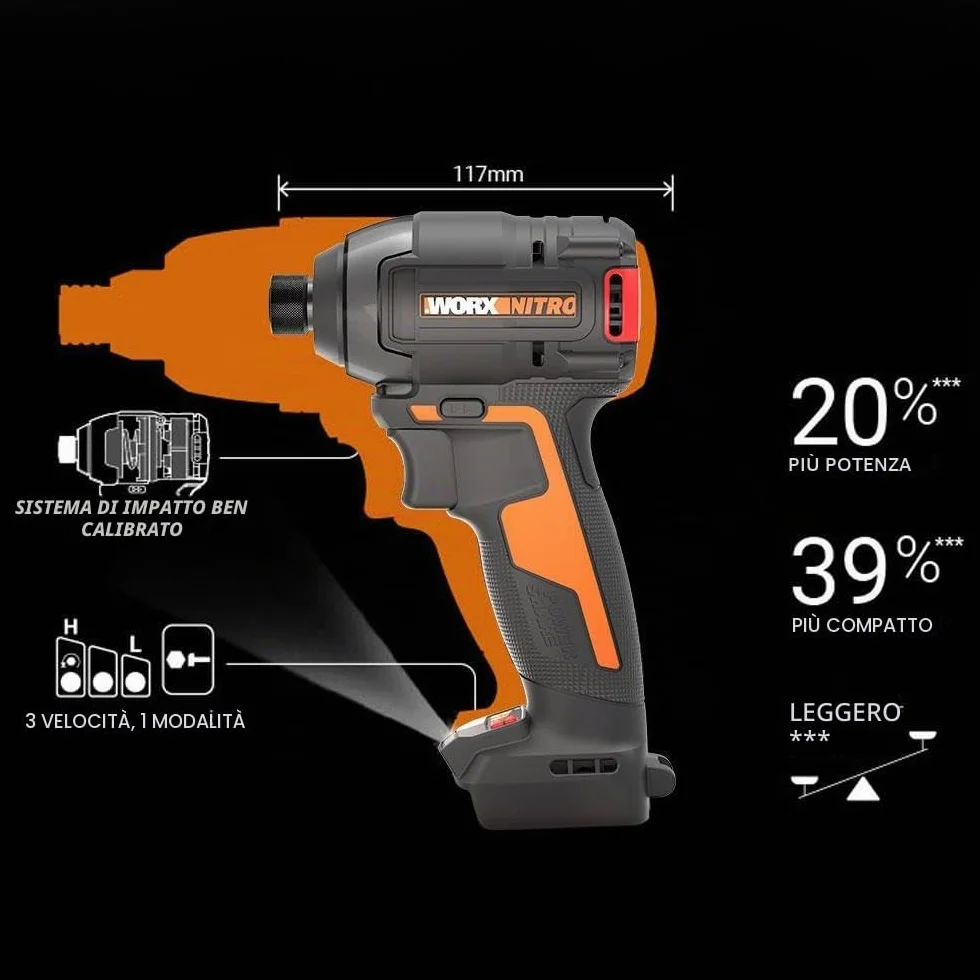 WORX NITRO WX265 Avvitatore a percussione a batteria 20 V, potente motore brushless, 3 livelli di velocità e 2 modalità, coppia di 200 Nm, leggero e compatto
