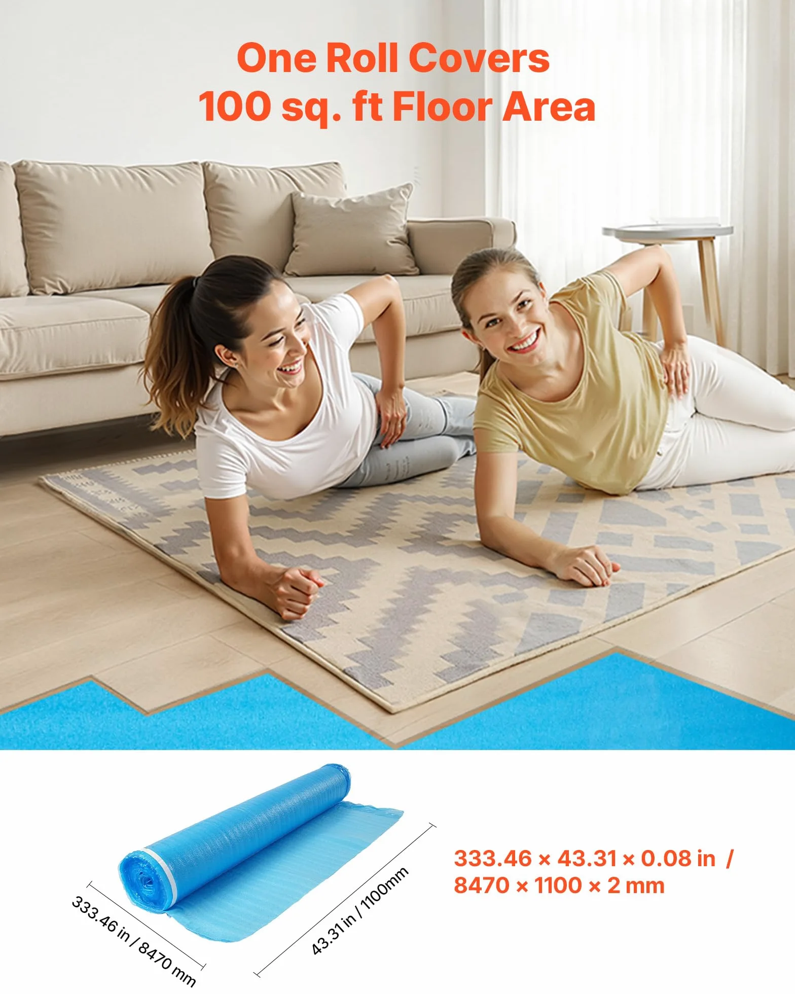 VEVOR Sottopavimento 55,8 m², Imbottitura per Pavimenti con Nastro Adesivo e Barriera al Vapore, Schiuma EPE ad Alta Resistenza con PE Blu, Isolamento Acustico e Riduce Rumore, per Laminato e Legno
