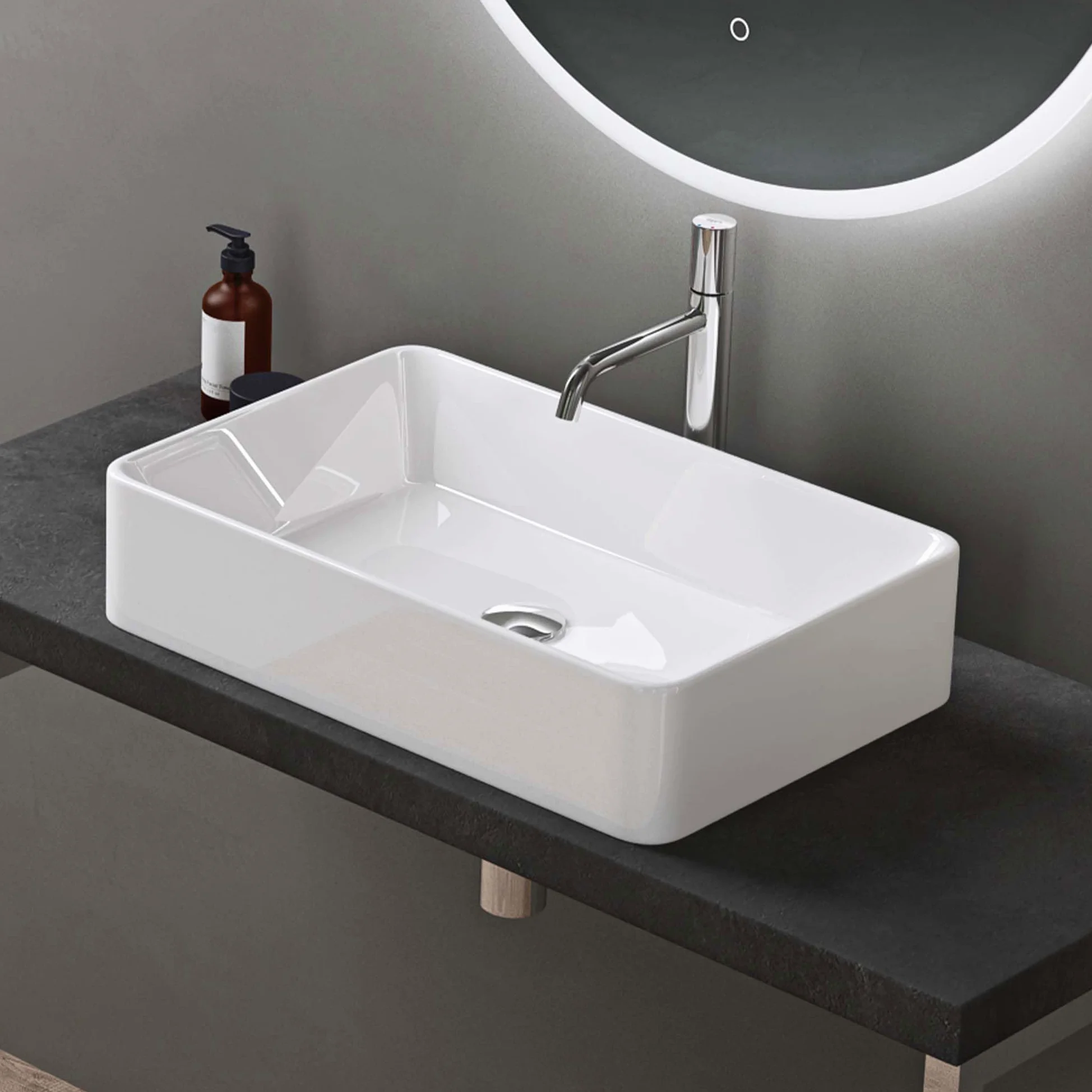 doporro Lavabo Bagno Rettangolare Lavabo da Appoggio in Ceramica Lavandino con Bordo Sottile 58x37x13,5 cm Bianco Lucido Lavamani Lavello senza Foro Rubinetto per Guardaroba Bagno Brüssel105D