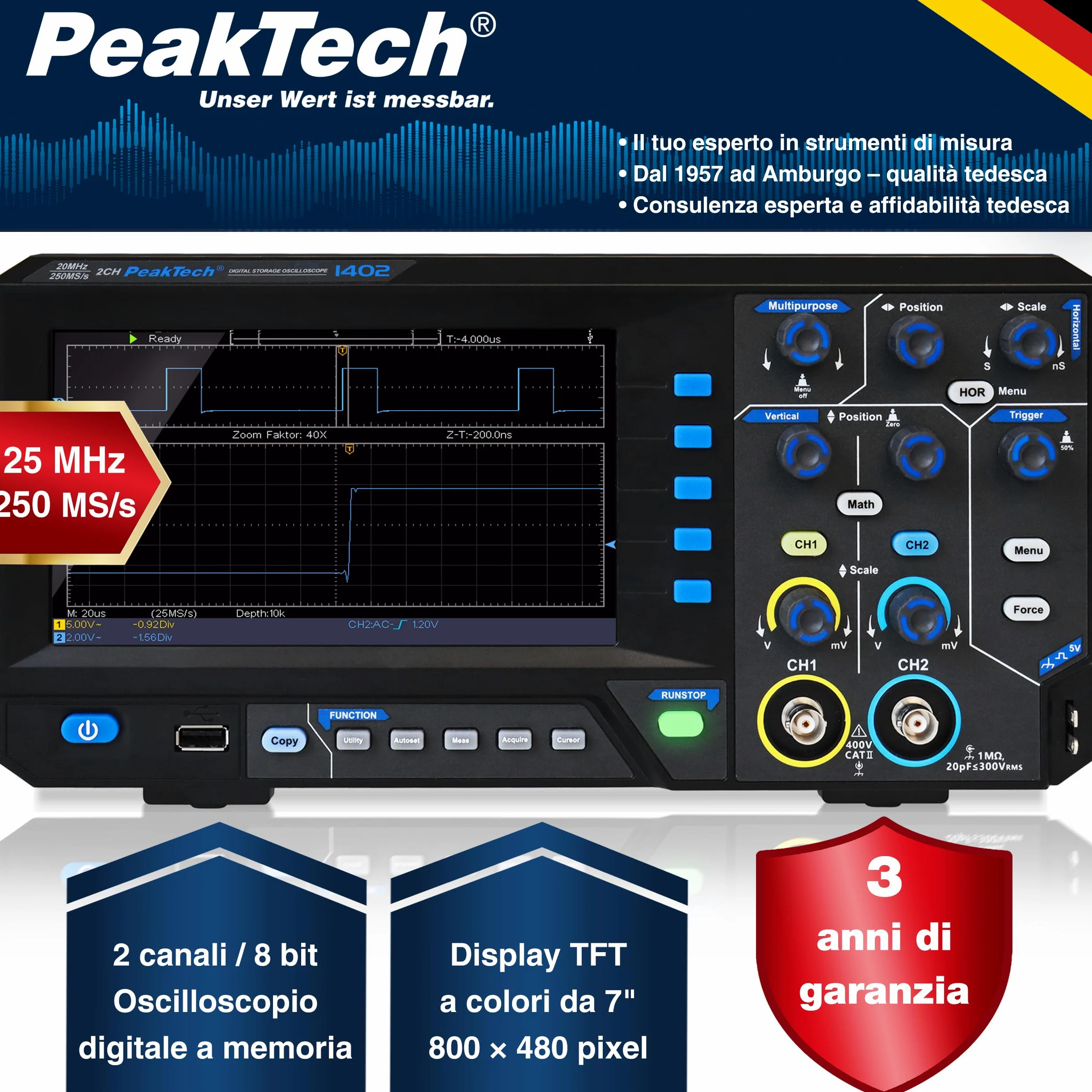 PeakTech 1402 - Oscilloscopio digitale a 2 canali [3 anni di garanzia] 20 MHz, 250 MS/s, interfaccia USB, software PC, Oscilloscopio P 1402, nero, oscilloscopio USB, oscilloscopio multimetro