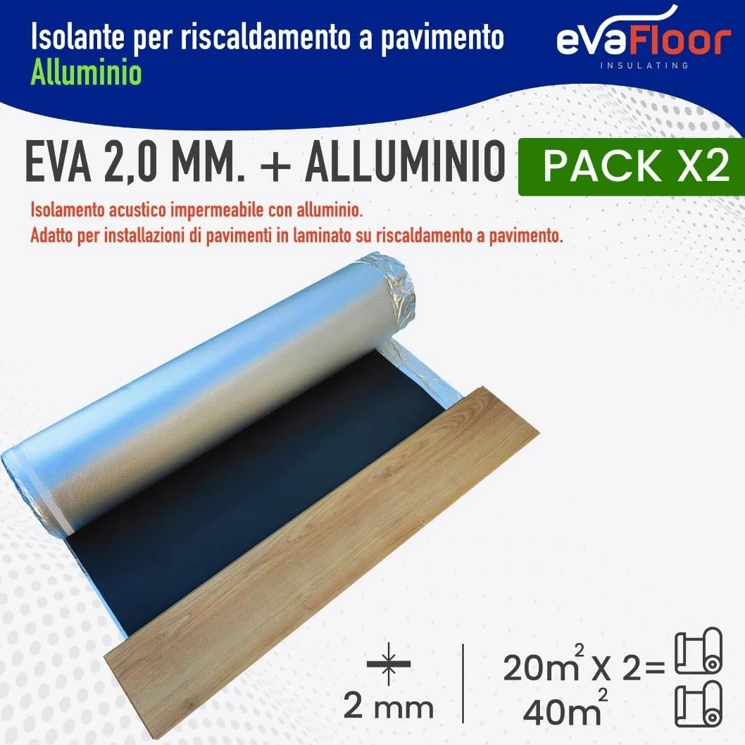 Pack 2 Sottopavimento per Laminato Radiante in Alluminio 1x20 metri | Sottopavimento Isolante | Base in EVA 2mm + Strato in Alluminio | Include Adesivo