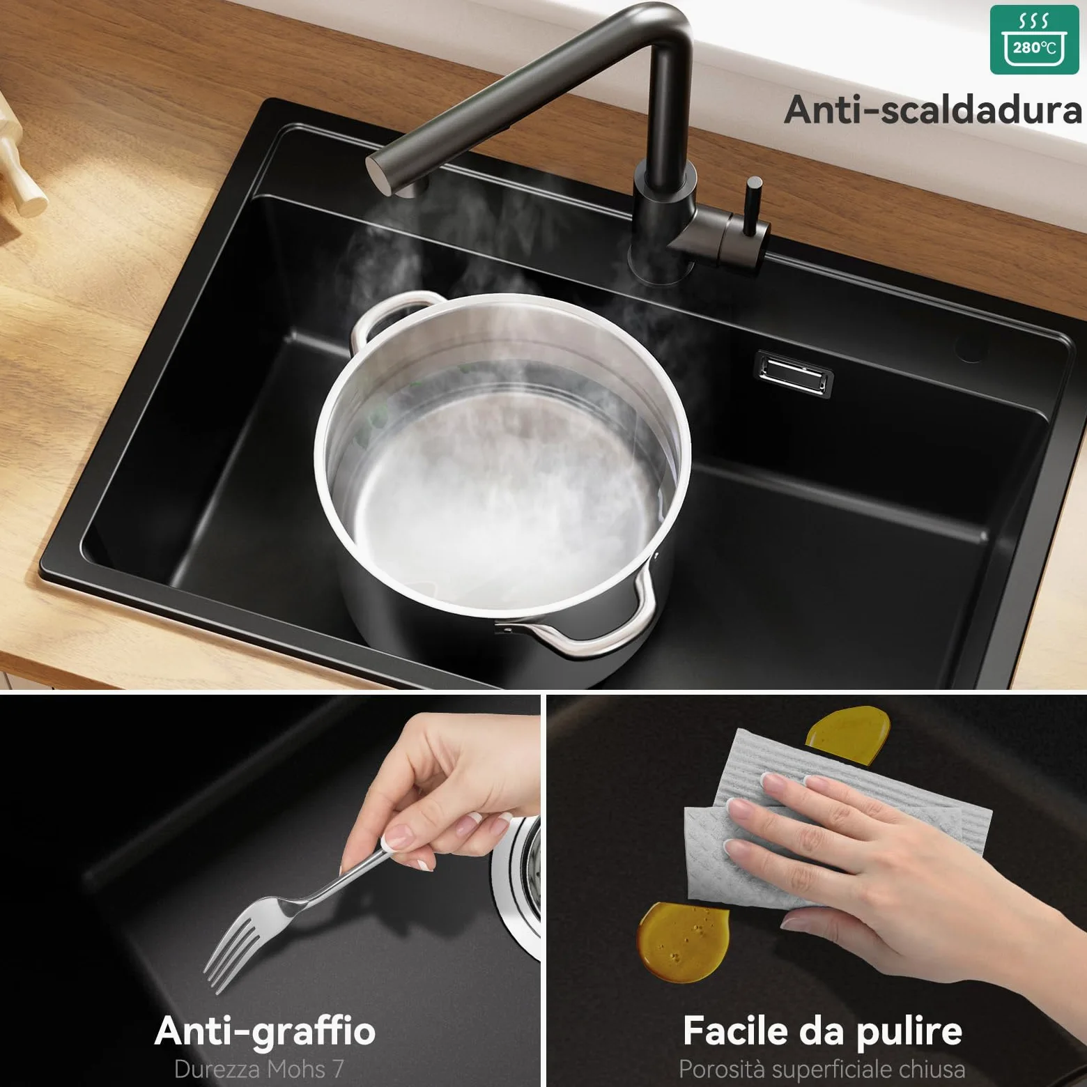 ANYCEE Lavello Cucina Nero 70x46 cm, Lavandino Cucina 1 Vasca con Cestello di Scarico, Lavello Granito per Mobile da 70 cm, Lavandino Nero di 80% Sabbia Quarzo con Sifone e Scarico