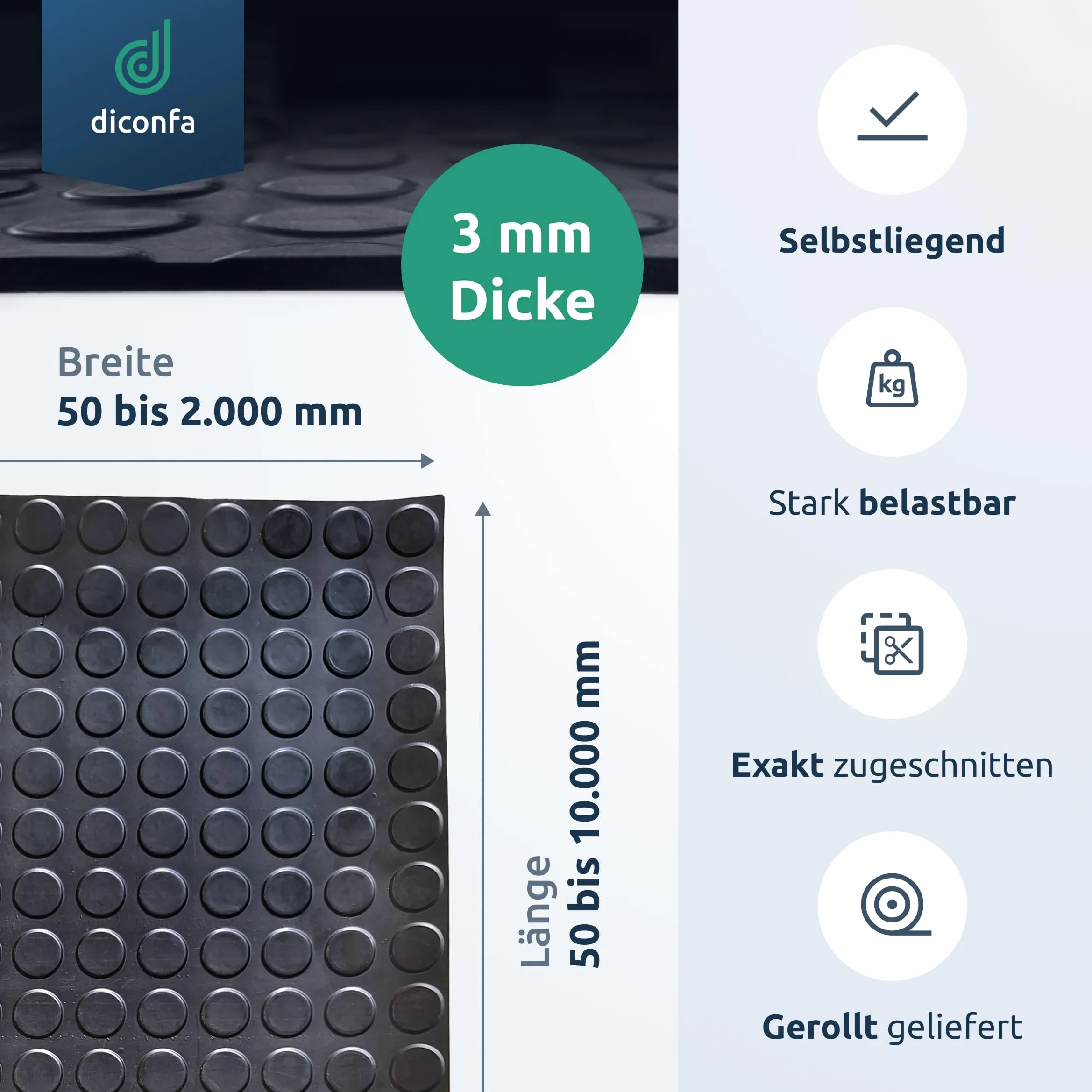 diconfa tappetino in gomma con borchie spessore 3mm - LARGHEZZA 0,1m a 2m - LUNGHEZZA 0,05m a 10m - SCELTA: 1300 x 3800mm - rivestimento pavimento antiscivolo magazzino officina garage industria ecc.