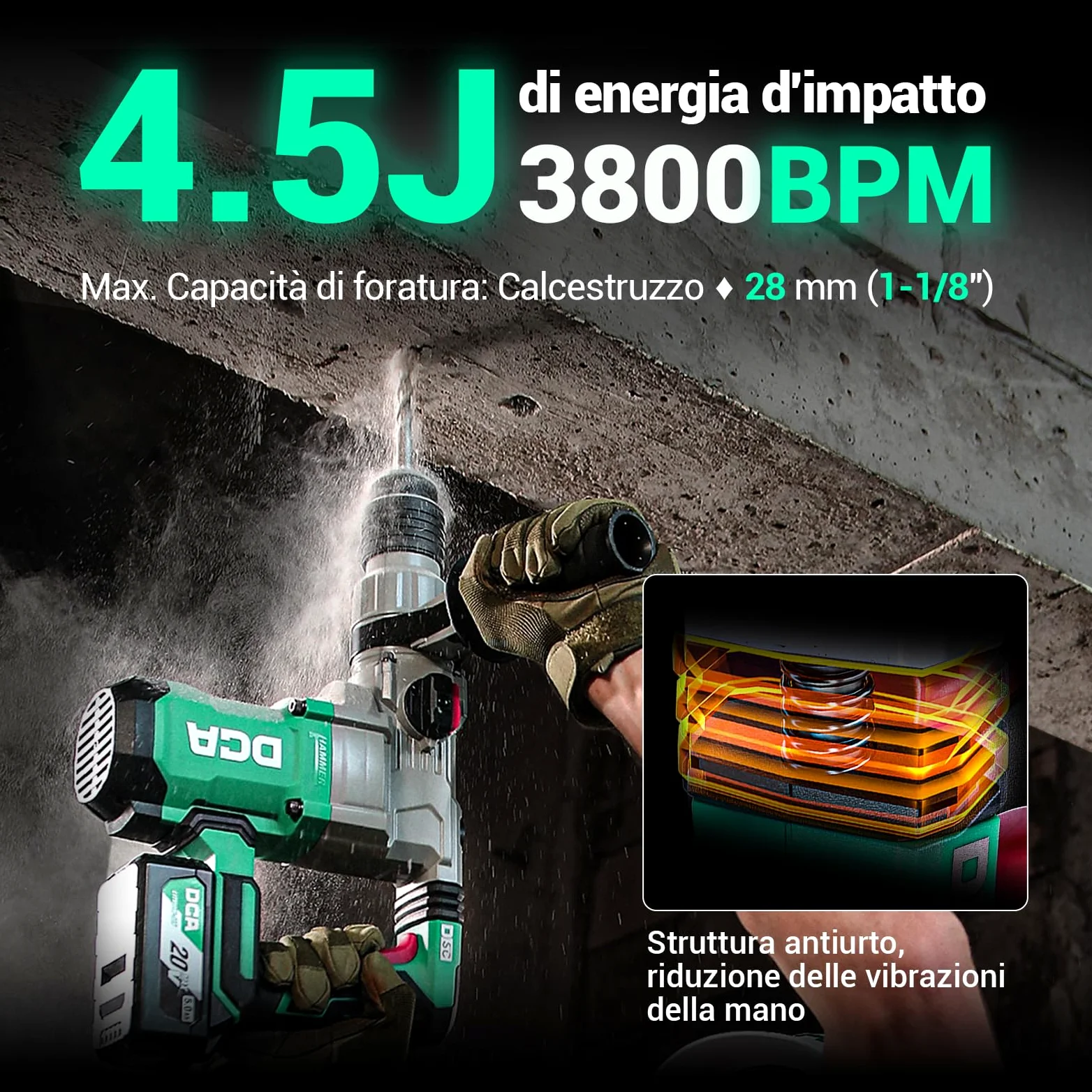 DCA Martello Perforatore a batteria 20V, 4,5 J e 3800 BPM, 4 pezzi da 28 mm SDS-Plus, trapano a Percussione ad alte prestazioni con controllo delle vibrazioni, batteria da 5,0 Ah, caricatore 4A