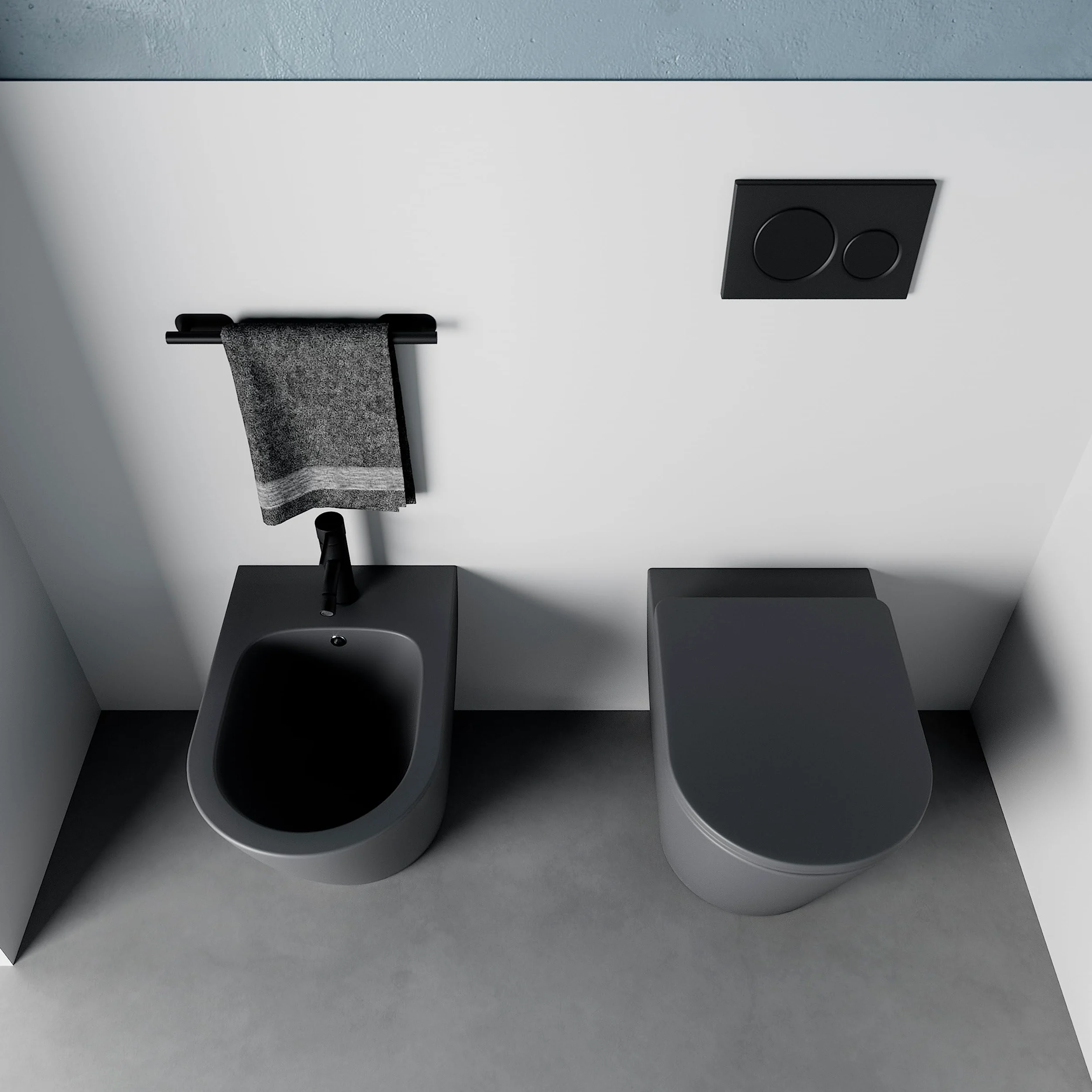 Sanitari in ceramica filomuro grigio opaco vaso rimless bidet sedile soft-close chiusura rallentata mod. Vienna