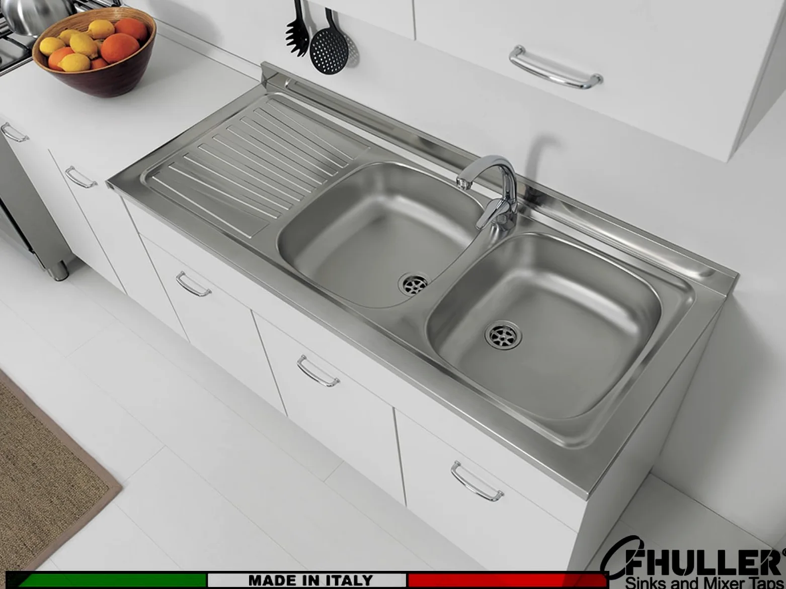 Lavello FHULLER Monostampo Da Appoggio 120X50 In Acciaio Inox AISI 304 Con Due Vasche a DESTRA e Gocciolatoio a SINISTRA Per Sottolavello da 120 Cucina Componibile Modello Pisa PI1202MLPC