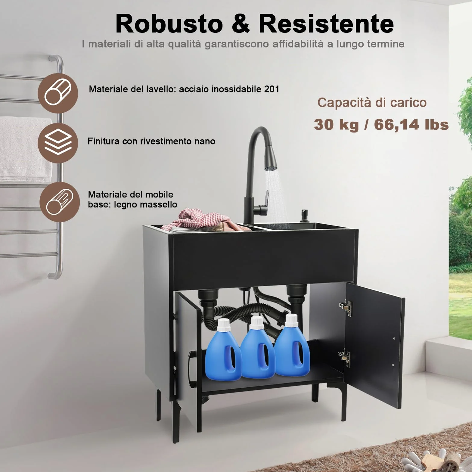 Lavello da cucina autoportante, lavello per bucato con armadio in legno, lavello in acciaio inox con doppia vasca, lavello a 2 vasche con rubinetto estraibile, scolapiatti, dispenser di sapone (nero