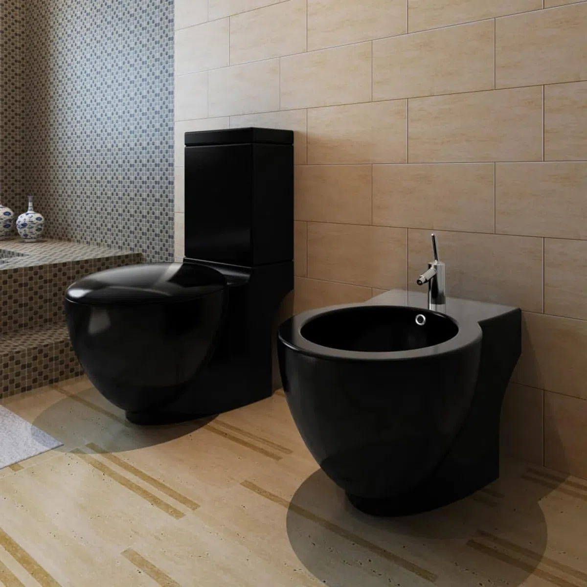 ARKEM Sanitari Filomuro Vaso WC E Bidet in Ceramica Filo Muro Filo Parete Design Moderno con Copriwater Chiusura Soft Close Chiusura Rallentata,Set di Bidet e Toilette da Pavimento in Ceramica Nera