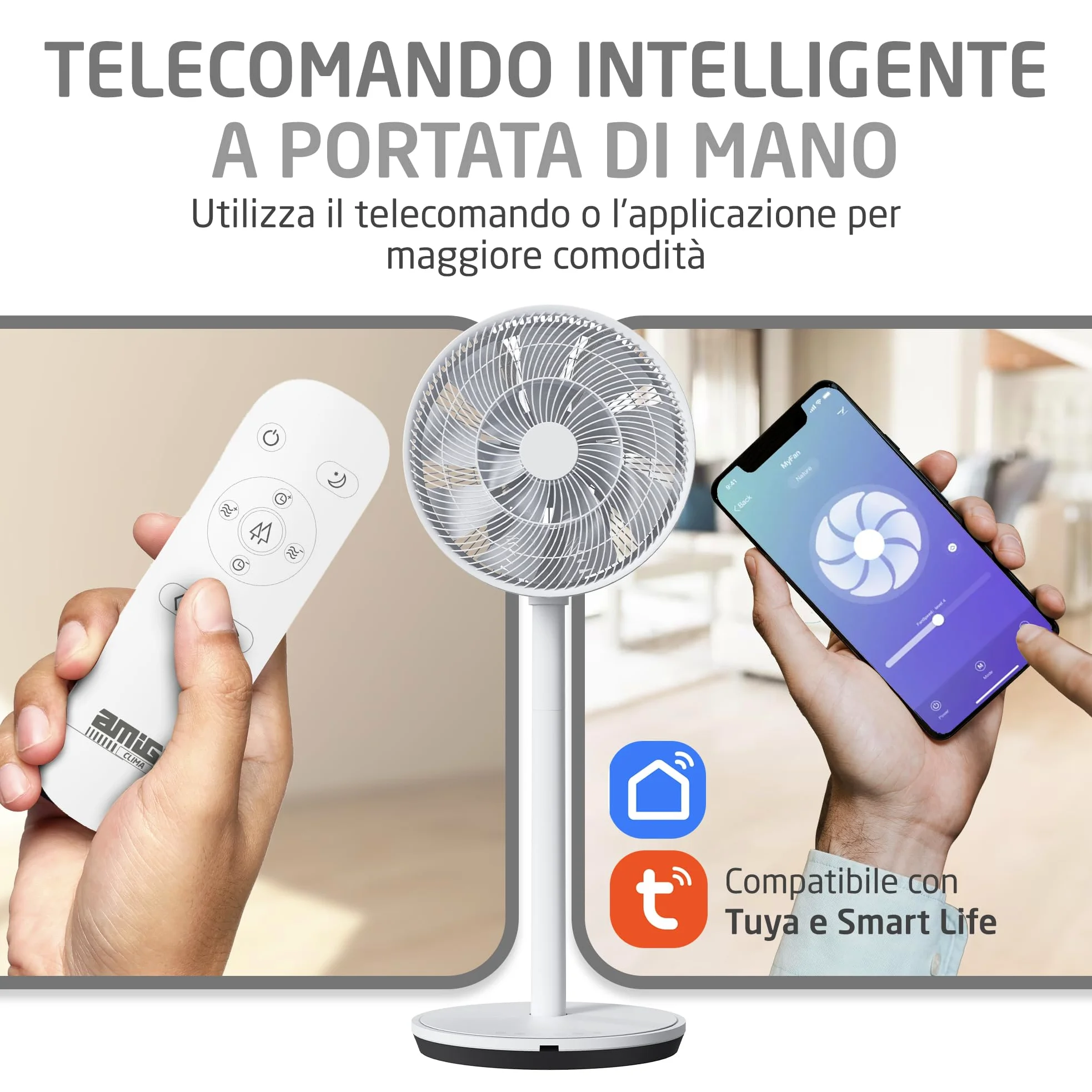 Amig - Ventilatore da Pavimento e da Tavolo GALAIR WIFI-01 - Silenzioso 13dB - 26 Velocità - Oscillazione Verticale e Orizzontale - Basso Consumo 27W - Telecomando e App - Luce LED