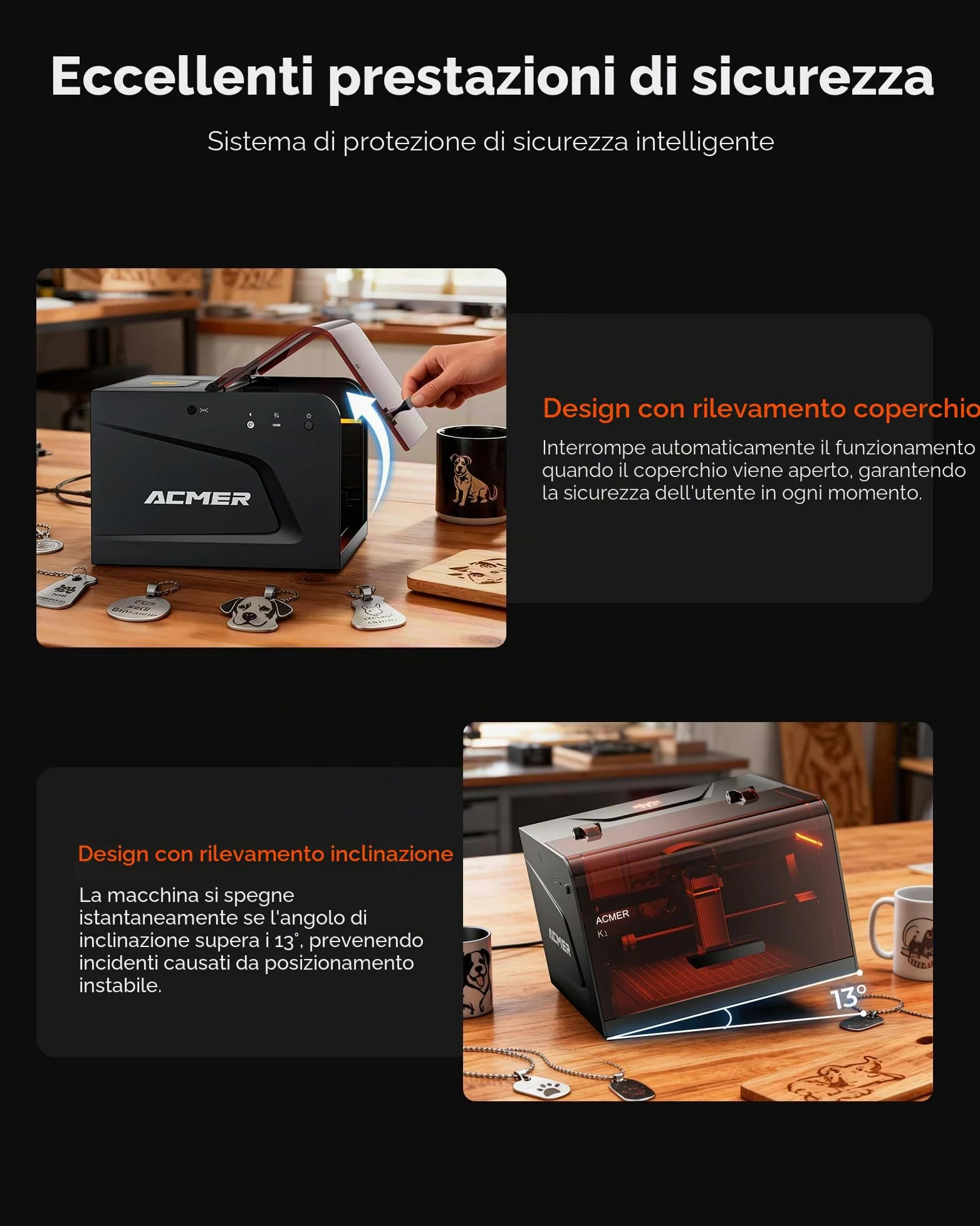 ACMER K1 Macchina per incidere laser 7000 mW, Classe 1, piccolo incisore laser chiuso di sicurezza, superficie di incisione 150 x 150 mm, precisione 0,01 mm, taglio laser ad alta precisione per legno