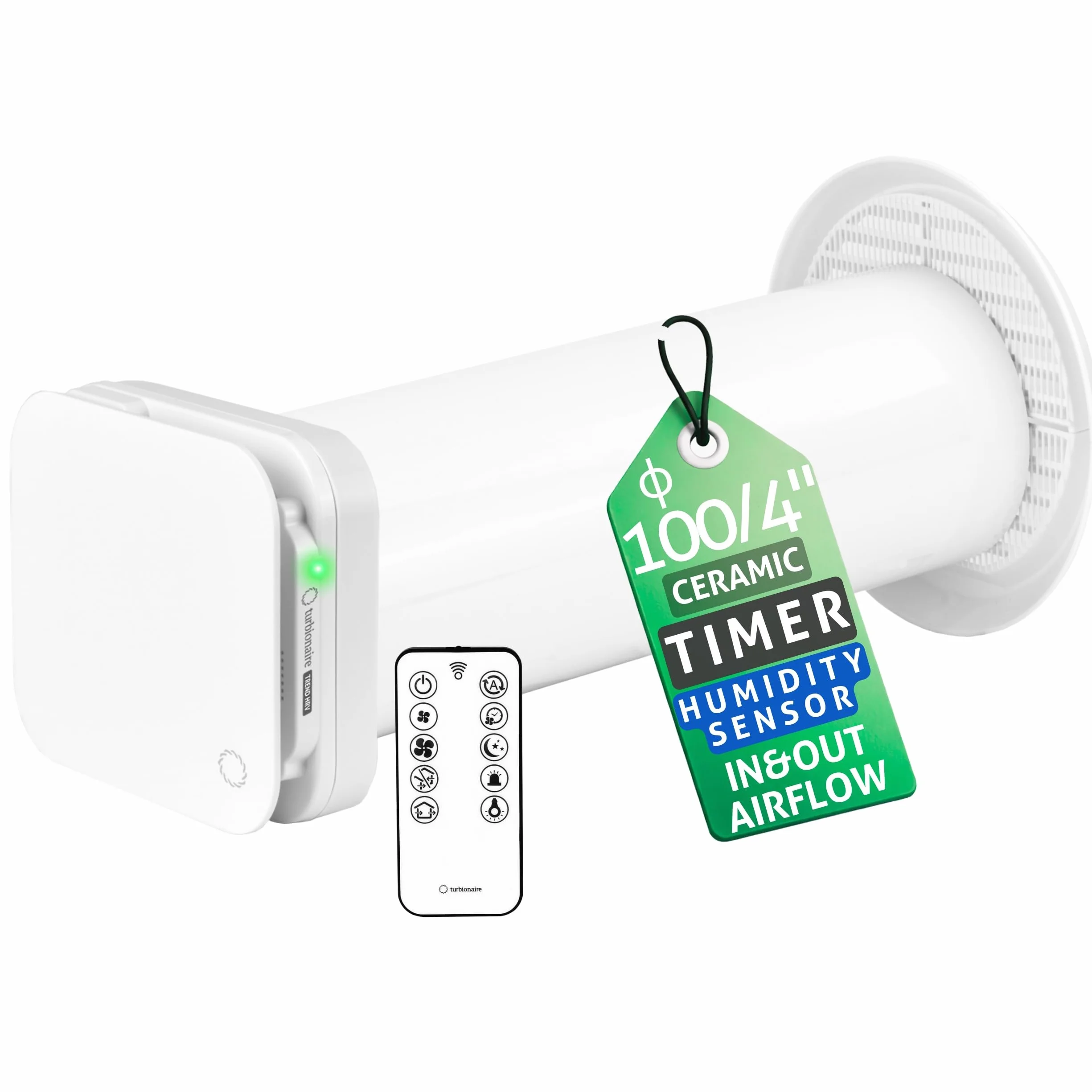 Turbionaire Trend HRV 100 Unita di VMC Decentralizzata a Flusso Alternato, con Recupero di Calore, Sensore di Umidità, Telecomando, Timer, Sleep, 8 Velocità, Silenziosa,100 mm, Garanzia di 3 anni