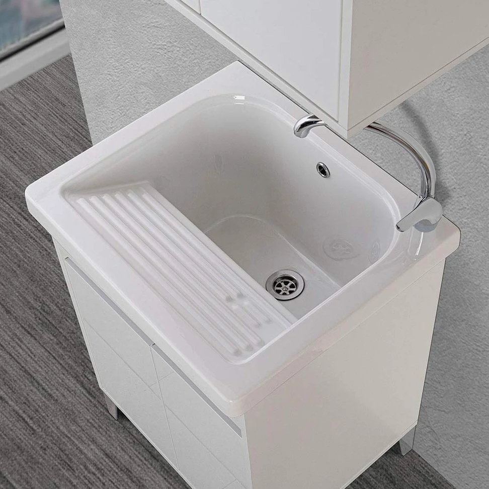 Vasca Lavatoio Incasso con strofinatoio Integrato, 60x50 cm, in Ceramica Bianca