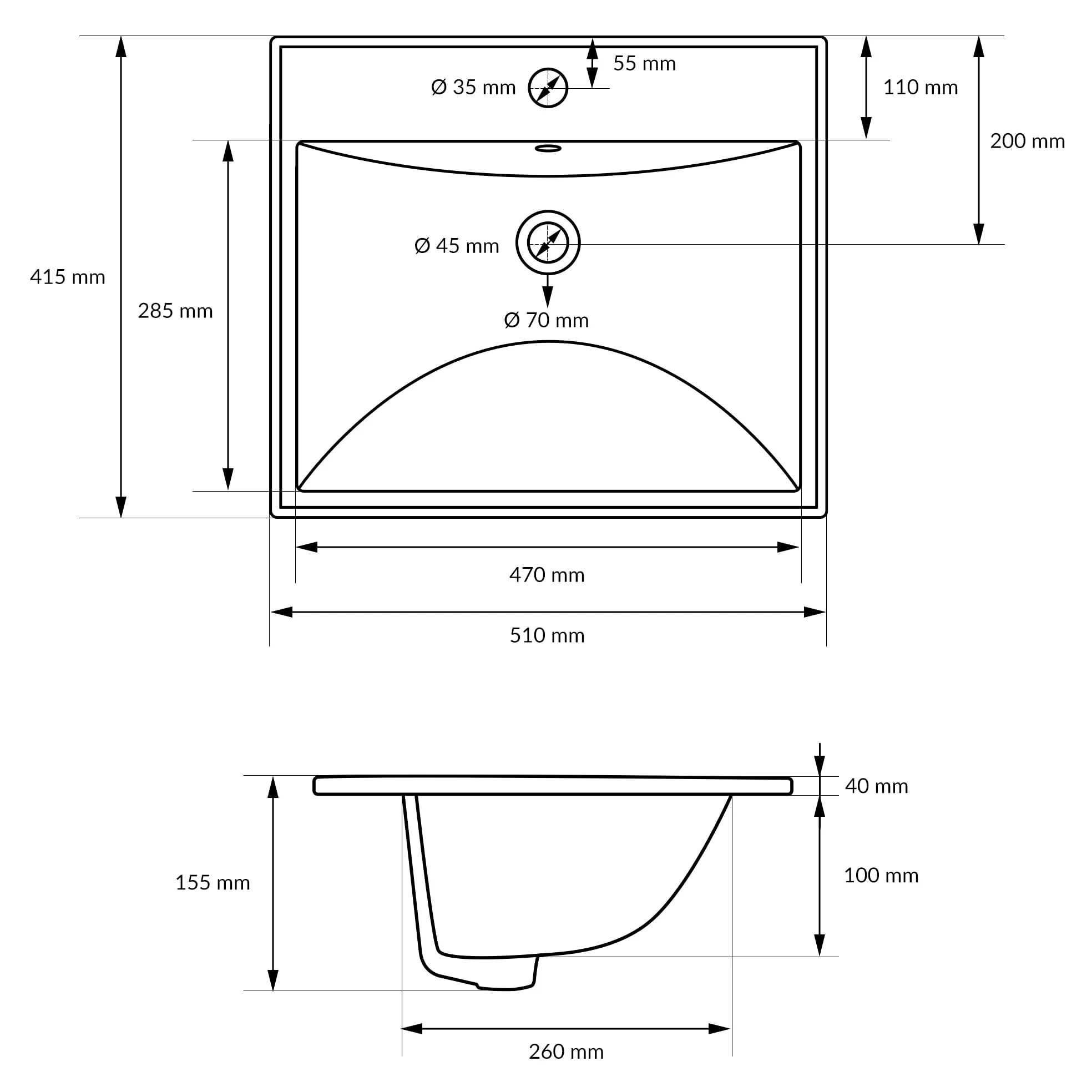 ML-Design Lavabo in Ceramica Bianca 51x15,5x41,5 cm Lavandino da Incasso Quadrato Moderno Bacinella Lavamani per il Bagno e Toilette Lavello con Scarico Standard Foro per Rubinetto e Troppopieno