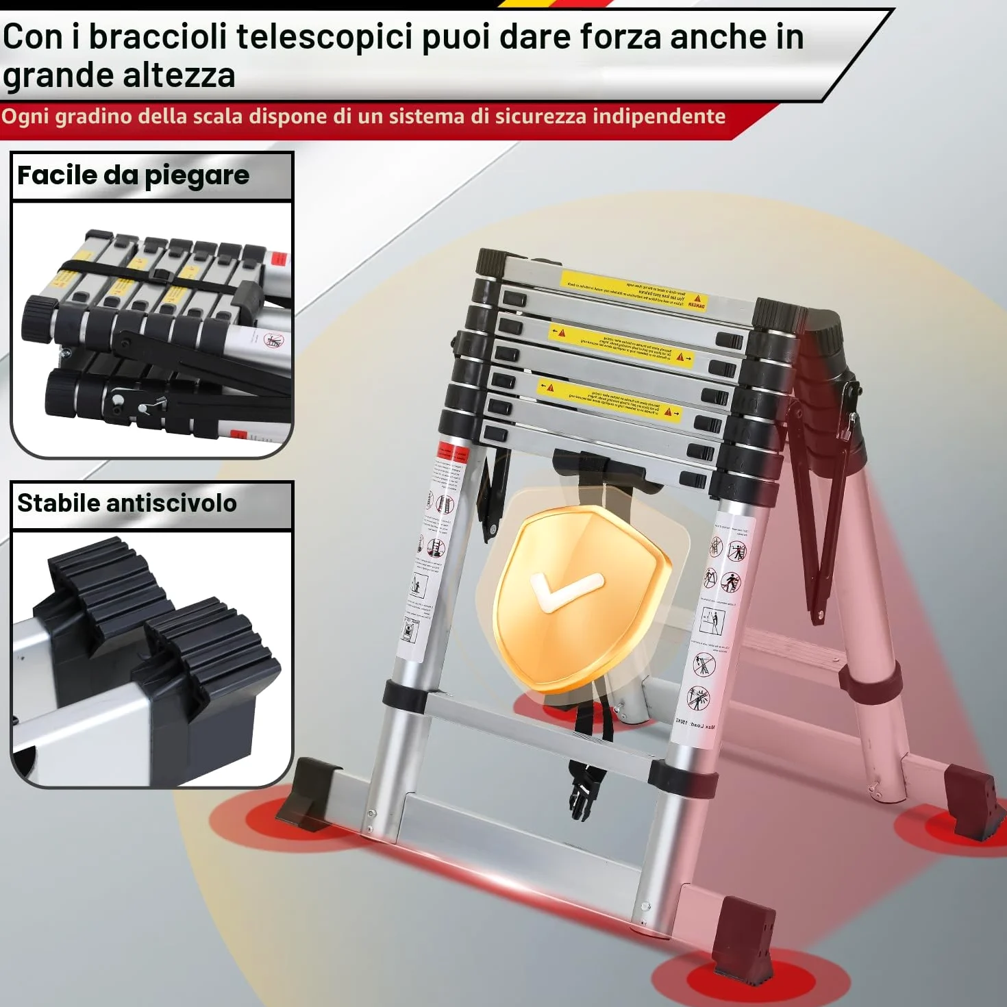 Lospitch - Scala telescopica pieghevole, 2 + 2,3 m, in alluminio, antiscivolo, multiuso, allungabile, telaio ad A, 6+7 pioli, portata 150 kg