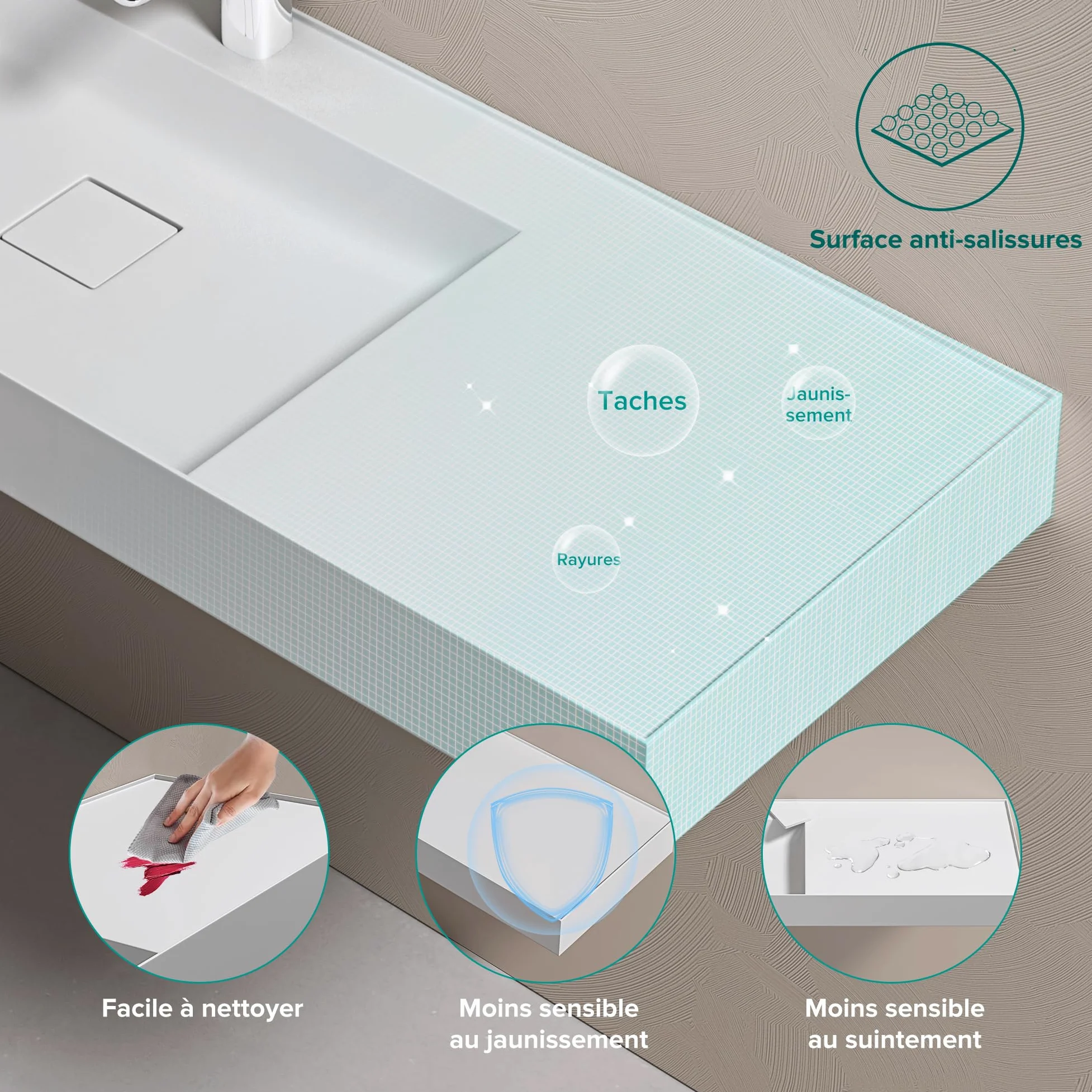 doporro Lavabo Bagno Sospeso 120 cm Rettangolare in Resina Bianco Opaco con Vasca Integrata Centrale e Piletta Inclusa – Colossum630