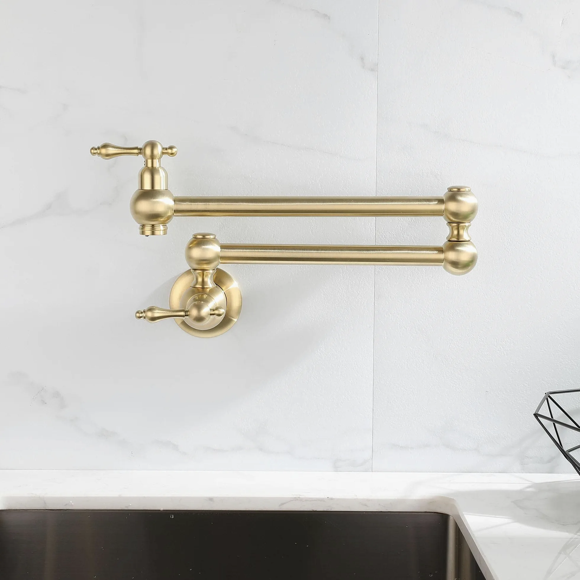 HomeLava Rubinetto da cucina a parete riempitore per pentole, Rubinetto a muro in ottone, 360° Girevole Rubinetto pieghevole estensibile doppio snodo, 2 Maniglie