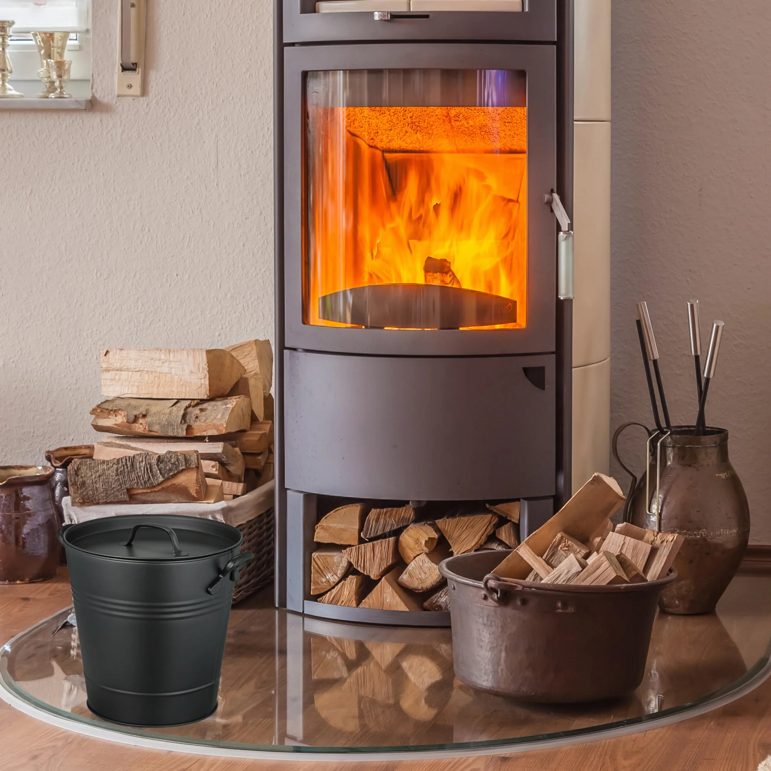 Relaxdays Secchio Raccogli Cenere con Coperchio, Cestello da 19 L per Carbone e Bricchetti, per Camino e Stufa, Nero
