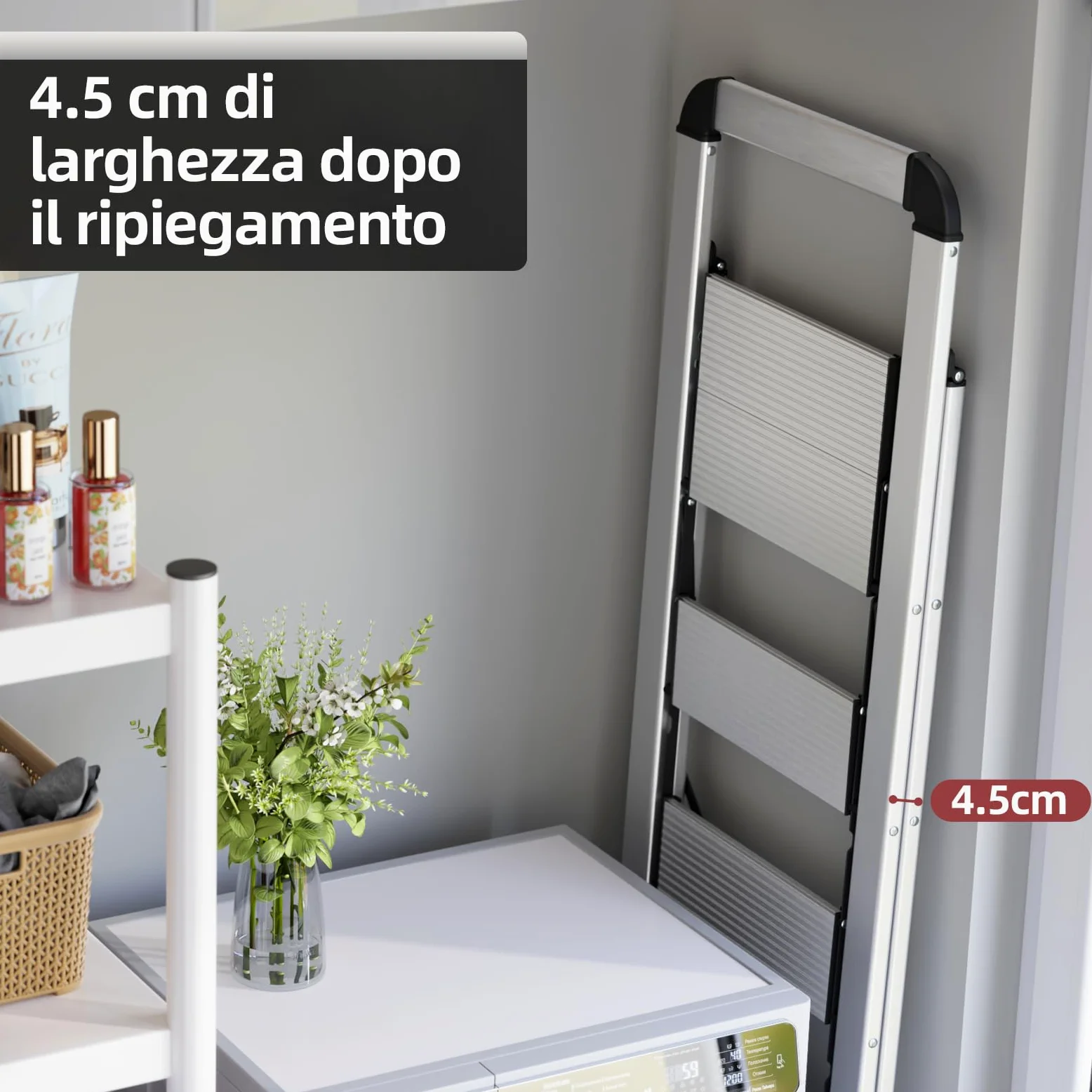 KINGRACK Scaletta 5 Gradini Pieghevole in Alluminio Leggera con Corrimano, Blocco di Sicurezza, Pedali Antiscivolo, Scala per Cucina Garage Casa, Salvaspazio Robusta e Portatile Massima 150kg, Argento