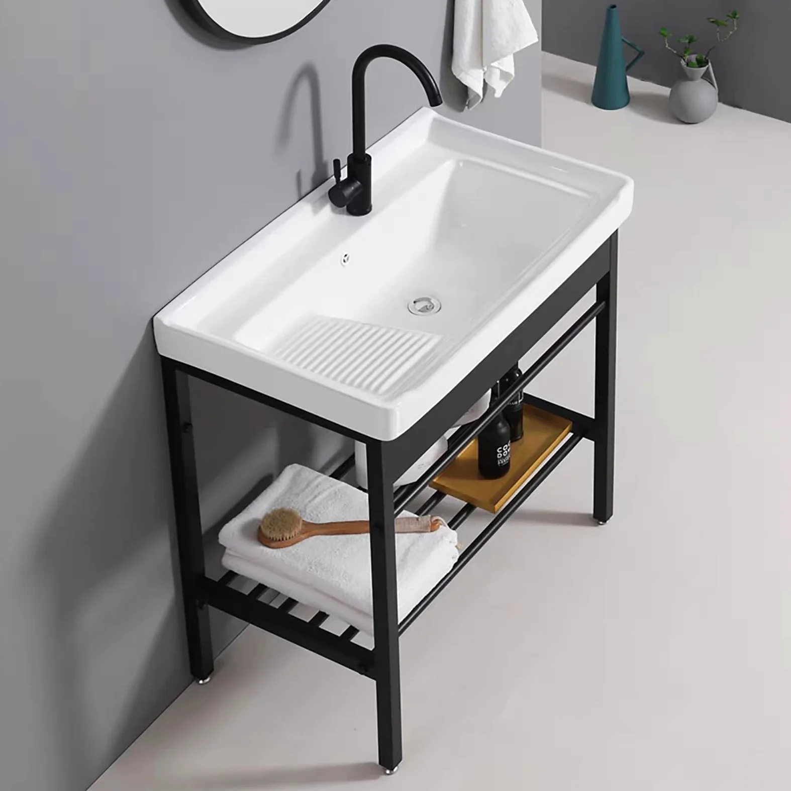 Lavandino In Ceramica Bianco, Lavabo Autoportante Con Rubinetto, Lavatoio Con Piedistallo Supporto In Acciaio Inossidabile, Lavello Per Lavanderia, Per Lavanderia, Ripostiglio, Garage, Cantina (Size