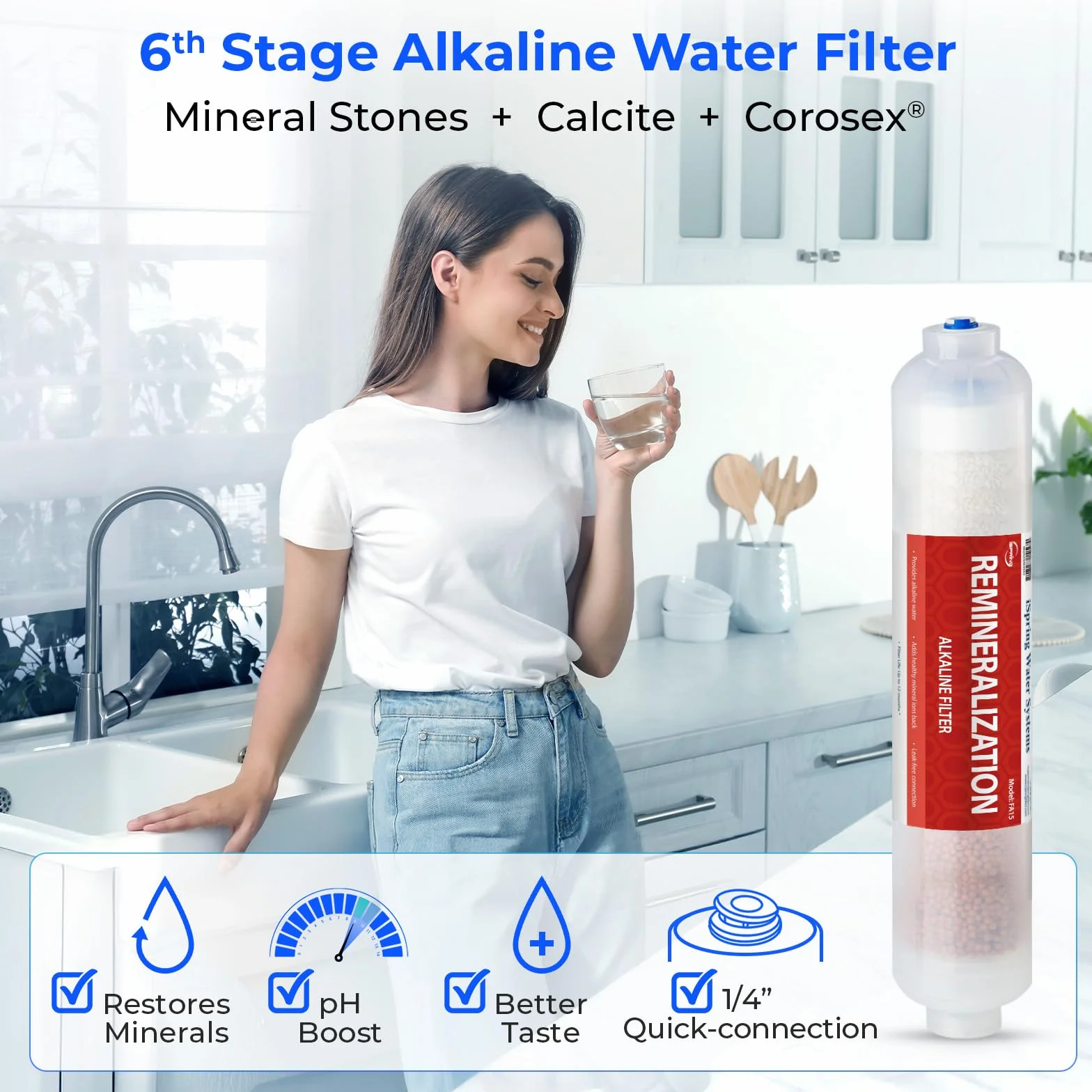 iSpring F9K Set di Cartucce di Ricambio per Filtro dell'acqua 1 Anno per Sistemi di Filtrazione a Osmosi Inversa Minerale Alcalina a 6 Stadi, Senza Membrana RO, Bianco