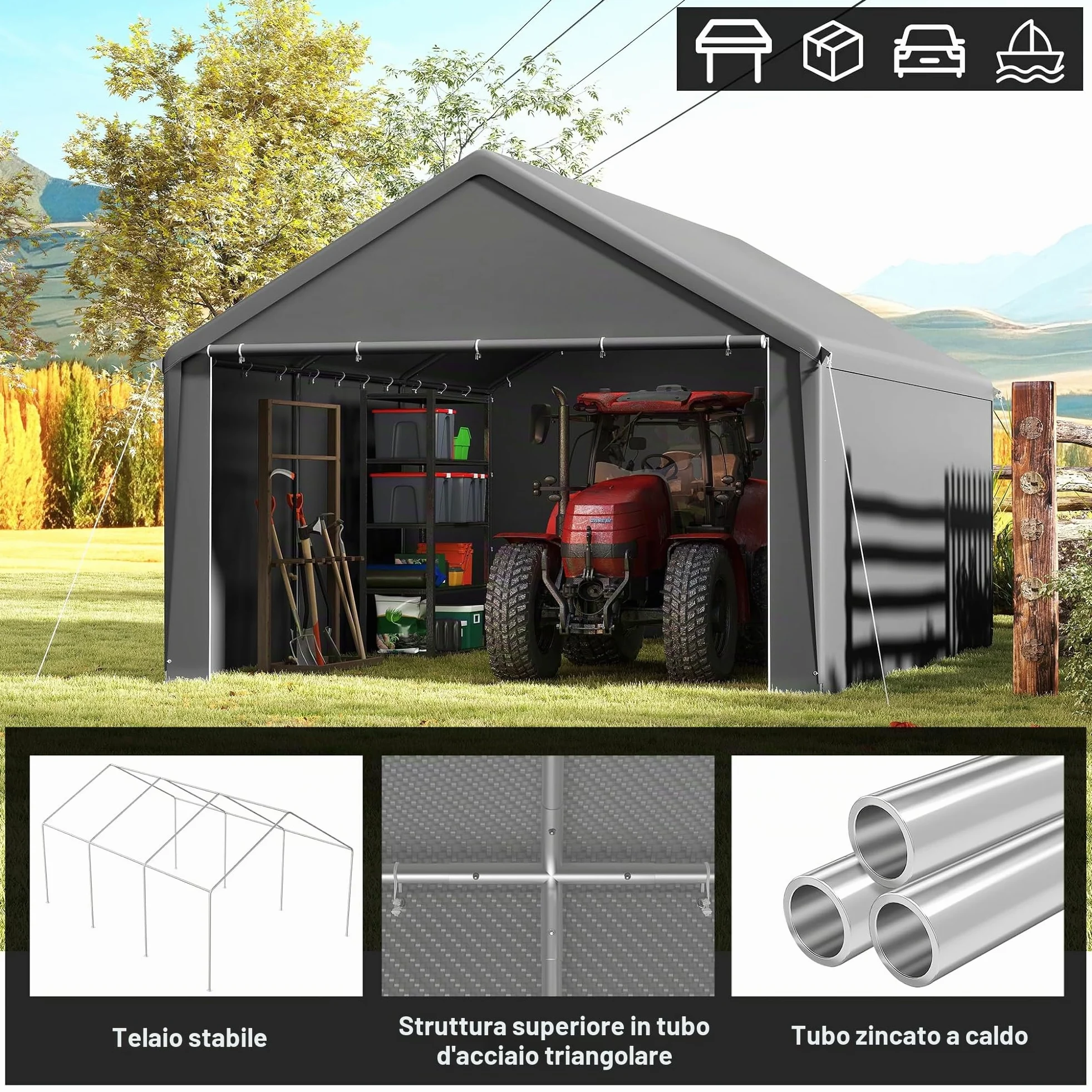 UISEBRT Tenda da magazzino, 4 x 6 m, impermeabile, con robusto telone in PE e telaio in acciaio, ideale come garage per attrezzi, attrezzi da giardino, pallet (grigio)