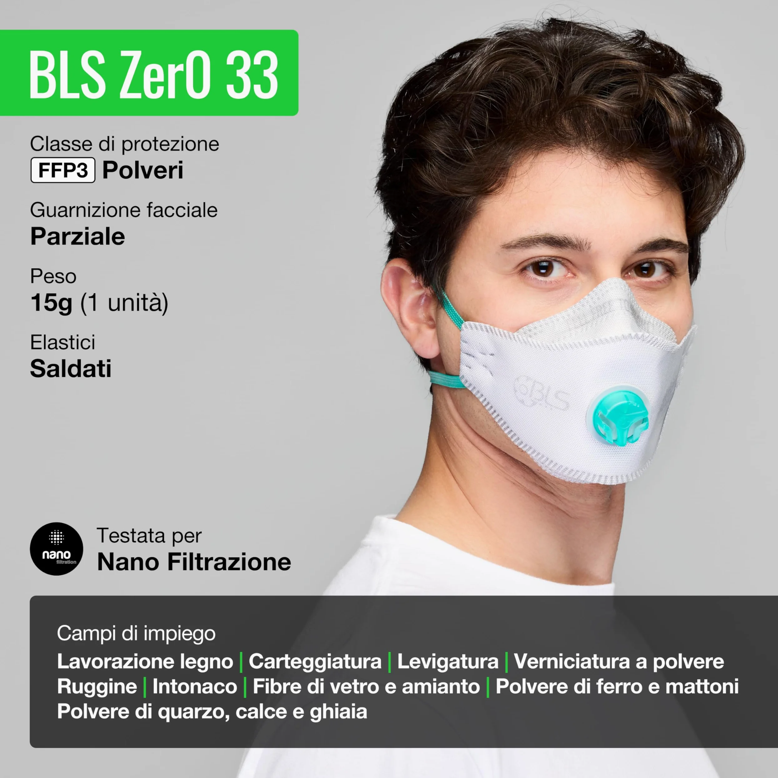 BLS Zer0 33 Facciali Filtranti Riutilizzabili FFP3 R D | Mascherine Piatte con Valvola di Espirazione e Imbustamento Singolo | Per Polveri, Falegnameria, Edilizia, Saldatura e Fai da Te