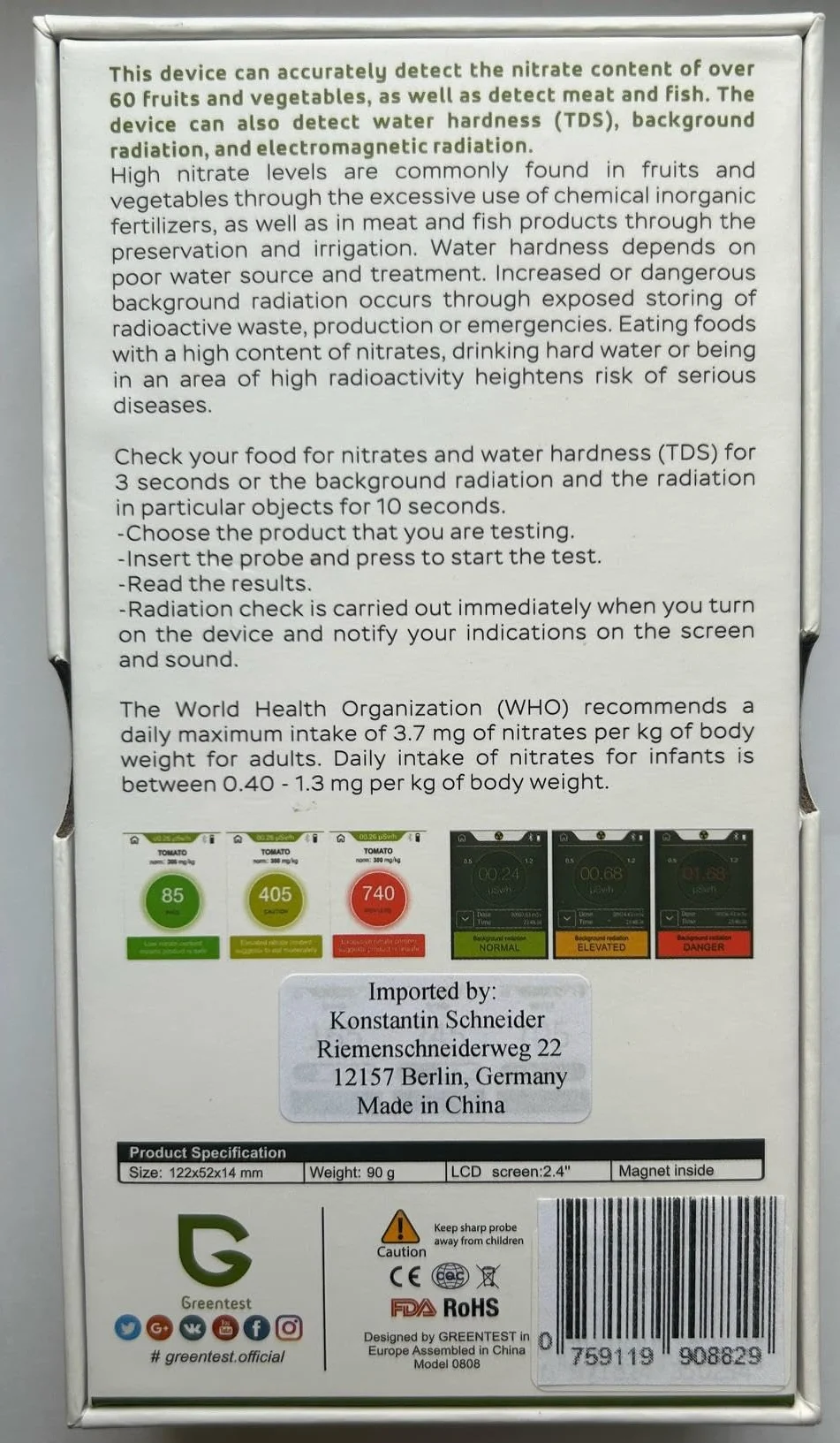 Greentest Eco 6 portatile Rilevatore di Nitrati + Rivelatore di radiazioni + acqua prova TDS radiometro geiger counter nitrate test radiation detector (Nero)