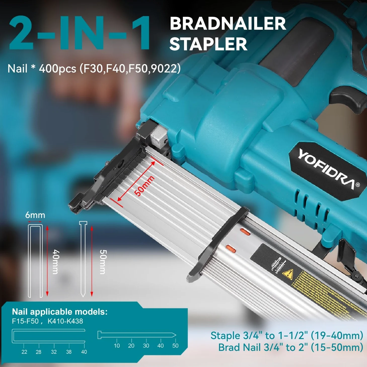 YOFIDRA 2 in 1 pistola chiodatrice a batteria - 20V sparachiodi elettrica con batteria 2x3,0Ah, impostazione della profondità, luce LED, tra cui 300 Brad-Nagel e 100 staffe, graffettatrice per legno