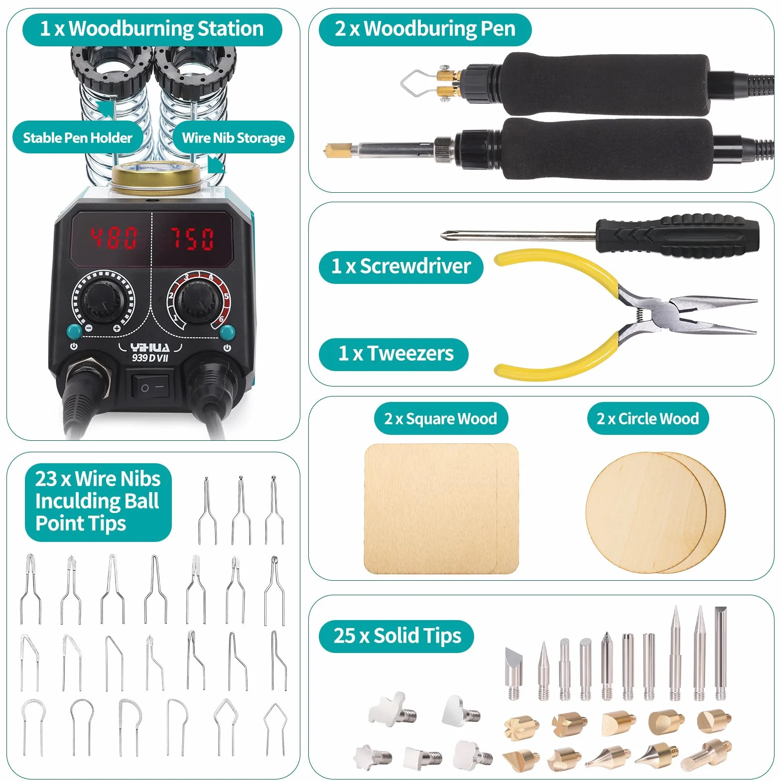 YIHUA 939D-VII pirografo professionale Kit per penna a bruciatura del legno Stazione 2-in-1 Solid-Point 200-480°C (con display di temperatura)/Wire-Nib 250-750°C con 23 punte, 25 punti solidi