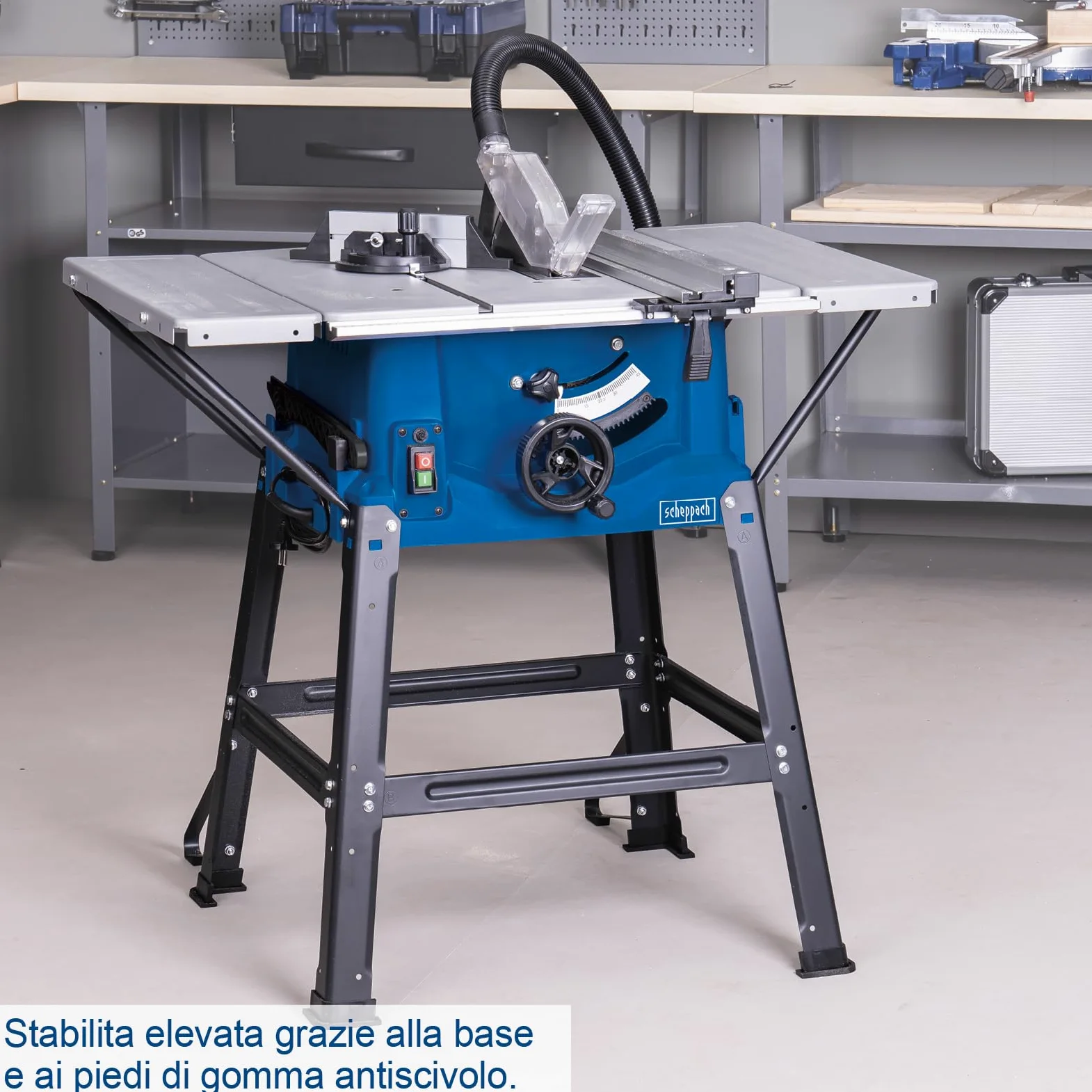 Sega circolare da banco Scheppach HS100S | 230V – 2000W | Altezza di taglio 85mm | Inclusi ampliamenti del tavolo e supporto | Dimensioni del tavolo con ampliamento 642x940mm | Inclusa seconda lama
